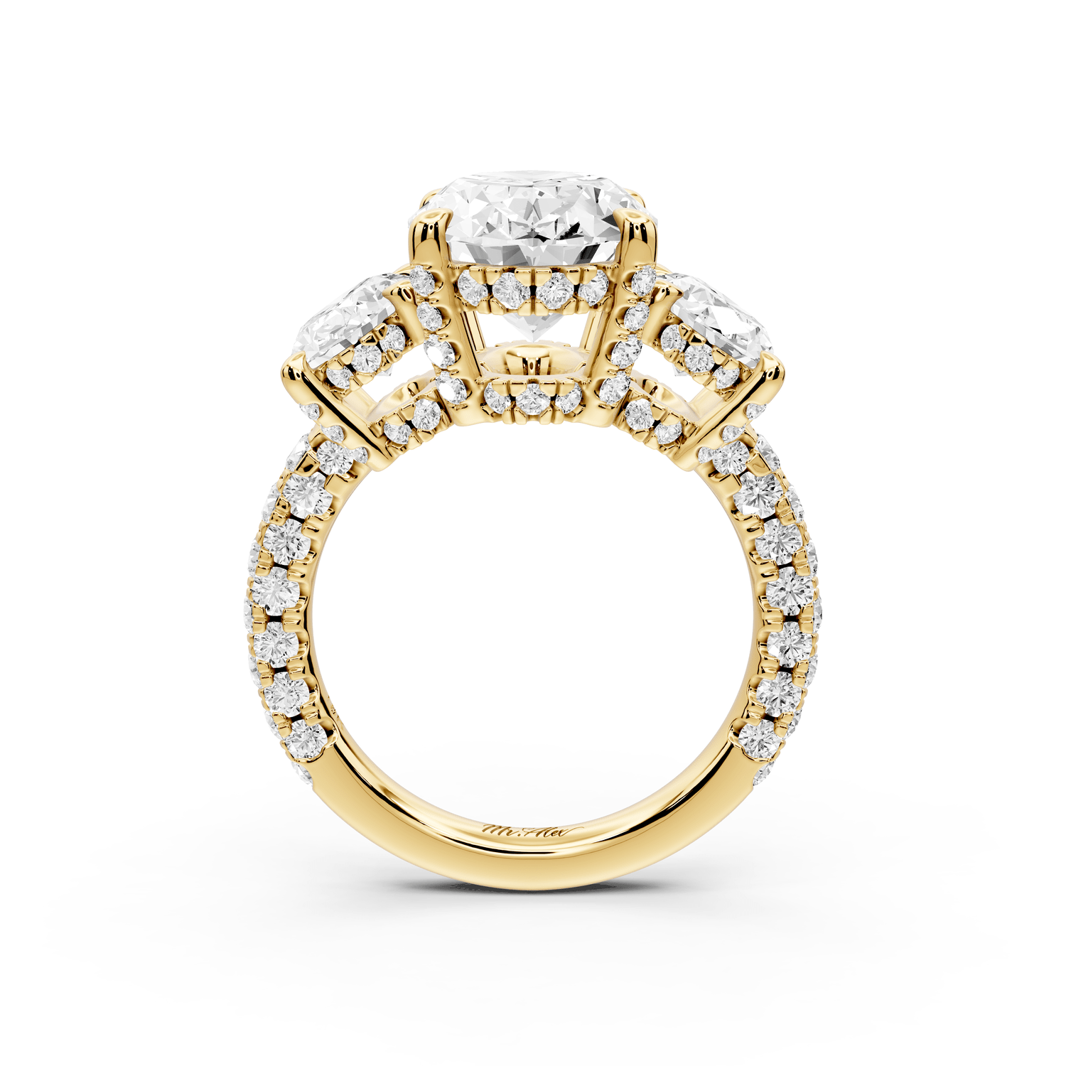 Neta - 4ct 18k yellow gold Oval Hidden Halo Three-Stone Engagement Ring with Pavé Band - Mr. Alex Jewelry