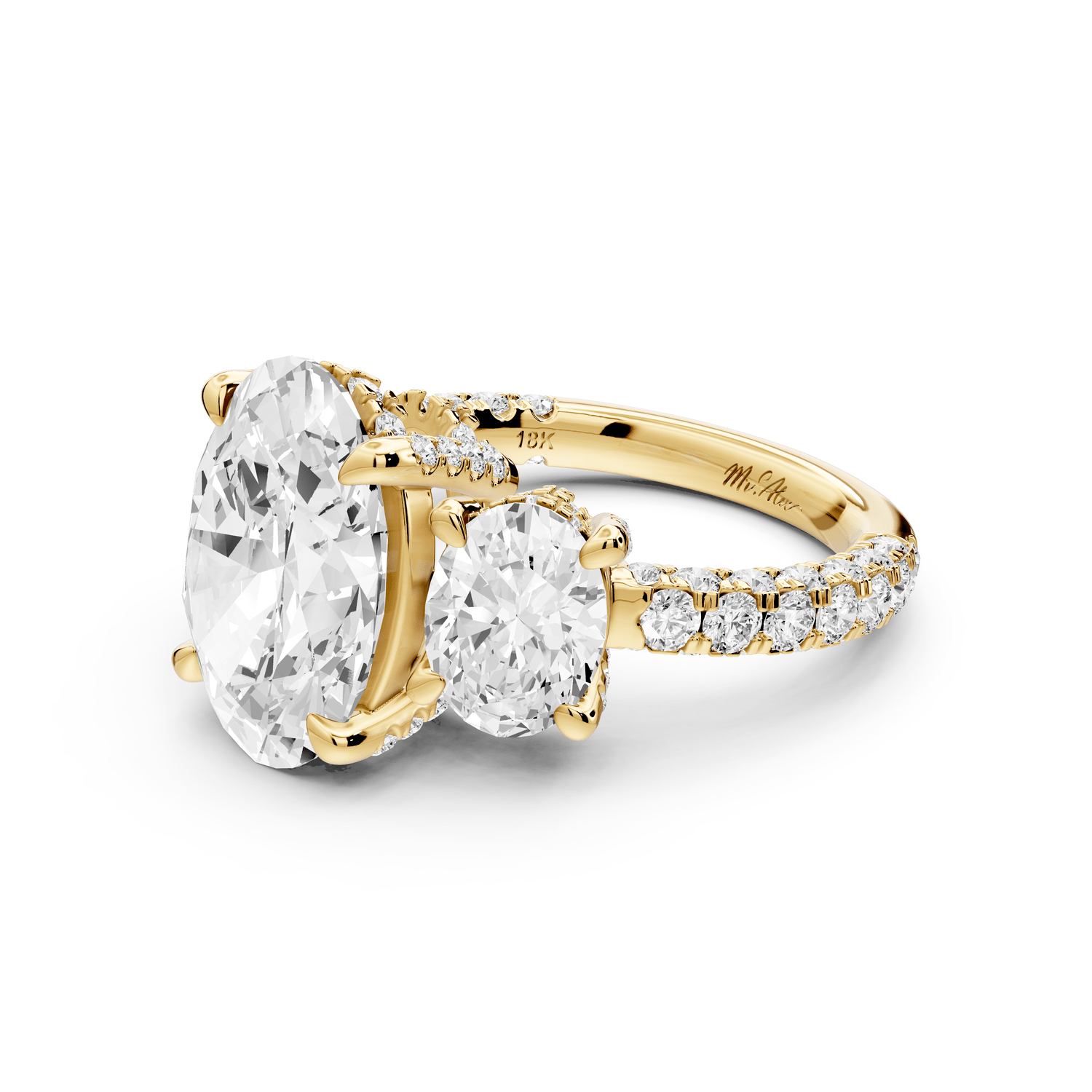 Neta - 4ct 18k yellow gold Oval Hidden Halo Three-Stone Engagement Ring with Pavé Band - Mr. Alex Jewelry