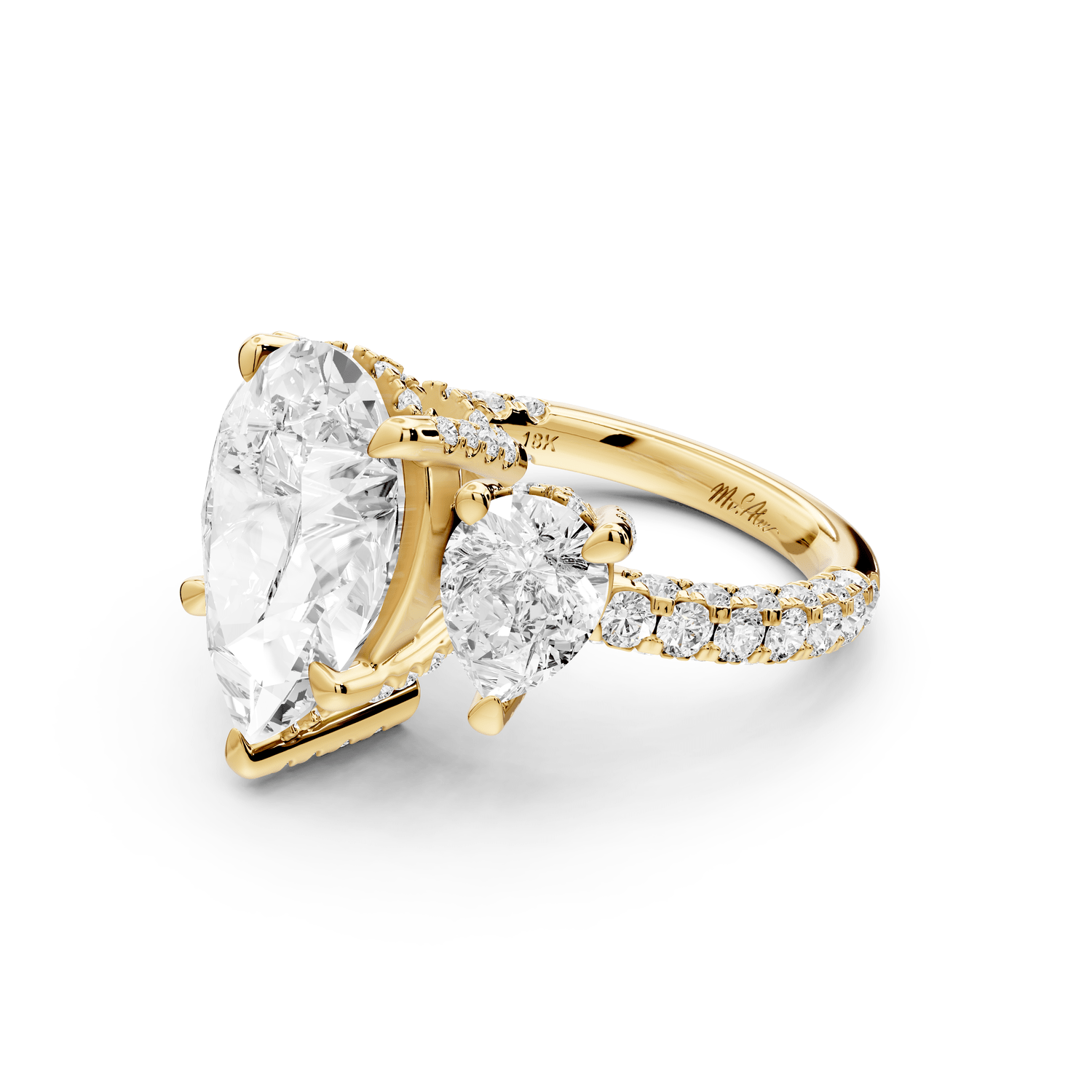 Neta - 4ct 18k yellow gold Pear Hidden Halo Three-Stone Engagement Ring with Pavé Band - Mr. Alex Jewelry