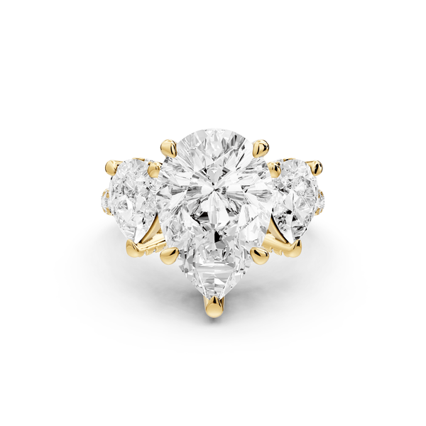Neta - 4ct 18k yellow gold Pear Hidden Halo Three-Stone Engagement Ring with Pavé Band - Mr. Alex Jewelry