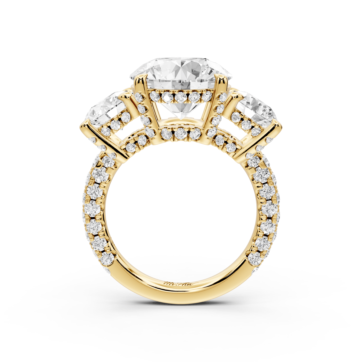 Neta - 4ct 18k yellow gold Round Hidden Halo Three-Stone Engagement Ring with Pavé Band - Mr. Alex Jewelry