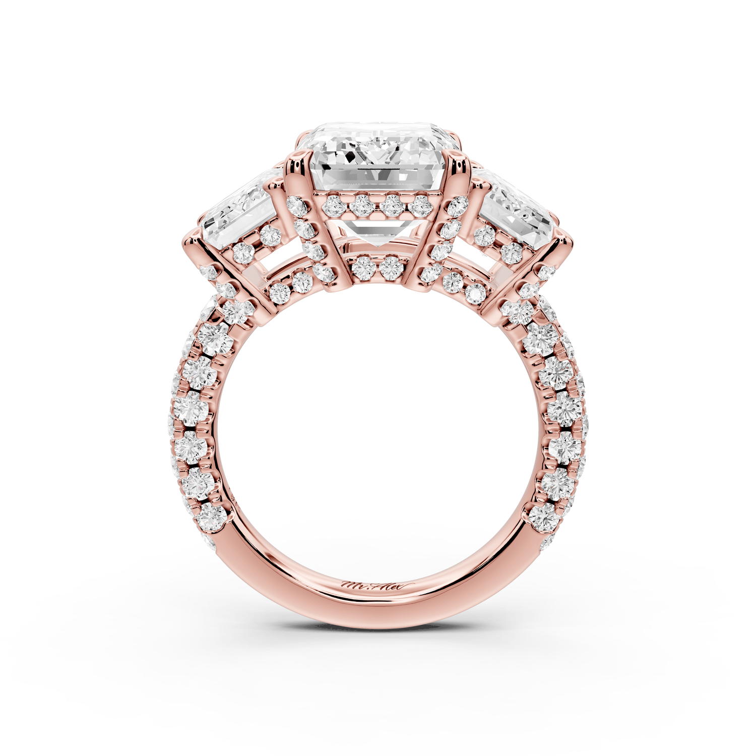 Neta - 5ct 14k rose gold Emerald Hidden Halo Three-Stone Engagement Ring with Pavé Band - Mr. Alex Jewelry