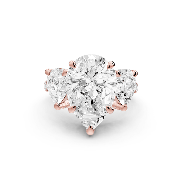 Neta - 5ct 14k rose gold Pear Hidden Halo Three-Stone Engagement Ring with Pavé Band - Mr. Alex Jewelry