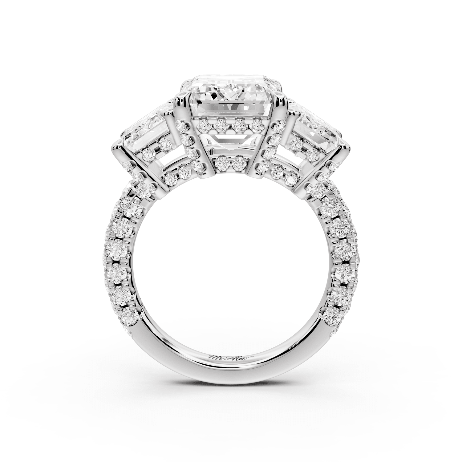 Neta - 5ct 14k white gold Emerald Hidden Halo Three-Stone Engagement Ring with Pavé Band - Mr. Alex Jewelry