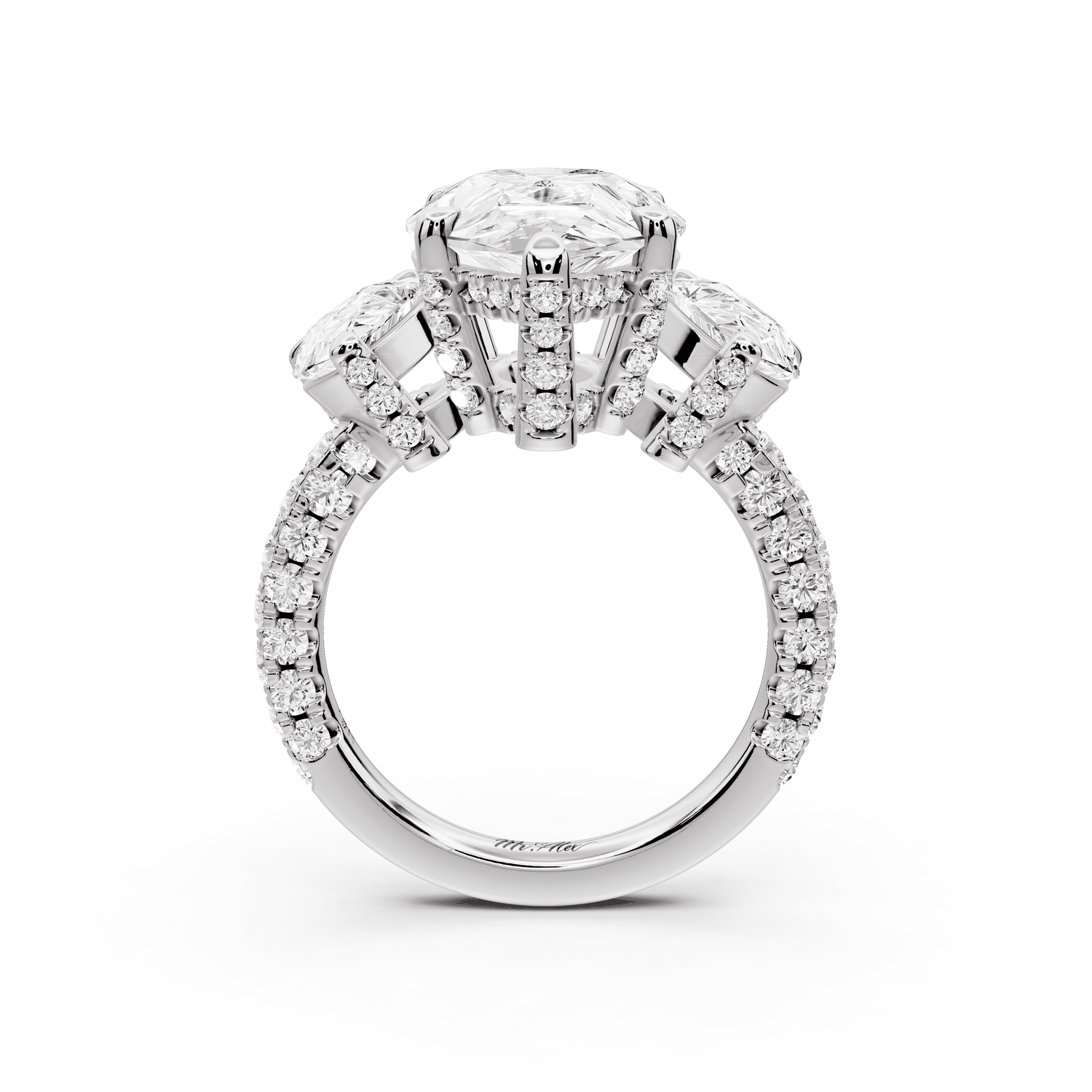 Neta - 5ct 14k white gold Pear Hidden Halo Three-Stone Engagement Ring with Pavé Band - Mr. Alex Jewelry