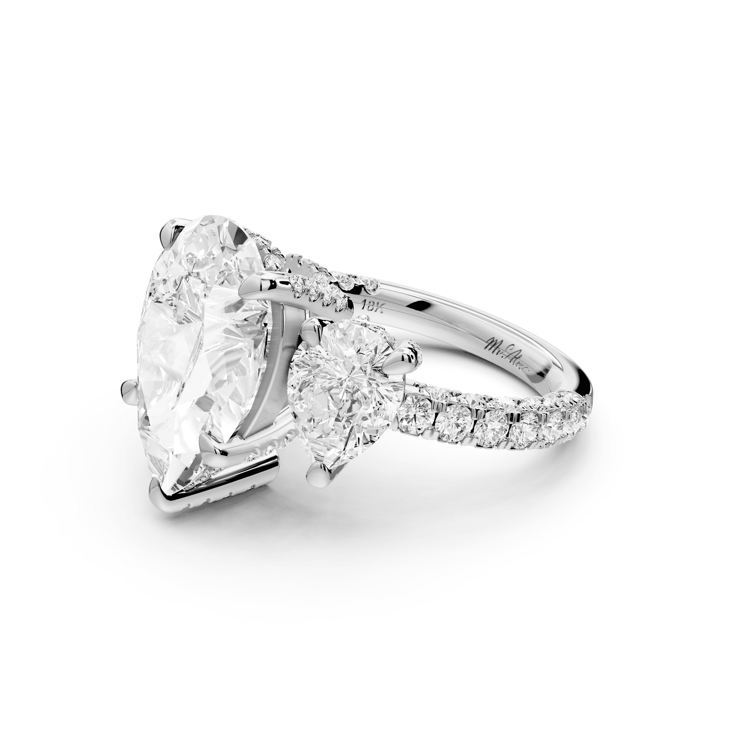 Neta - 5ct 14k white gold Pear Hidden Halo Three-Stone Engagement Ring with Pavé Band - Mr. Alex Jewelry