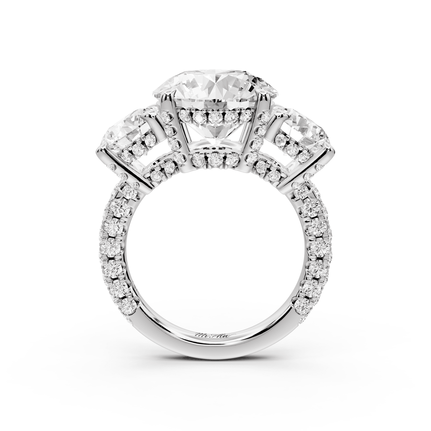 Neta - 5ct 14k white gold Round Hidden Halo Three-Stone Engagement Ring with Pavé Band - Mr. Alex Jewelry