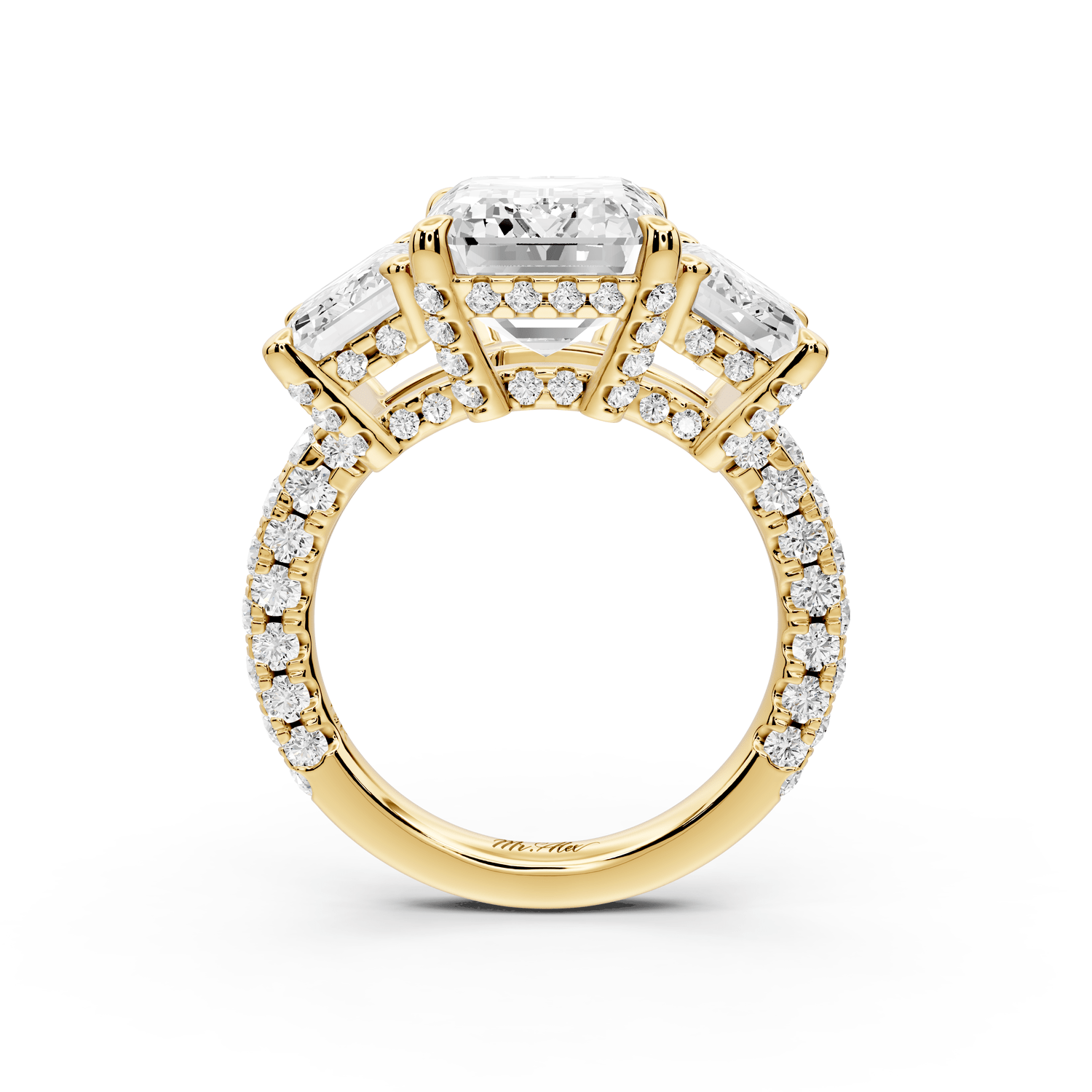 Neta - 5ct 14k yellow gold Emerald Hidden Halo Three-Stone Engagement Ring with Pavé Band - Mr. Alex Jewelry