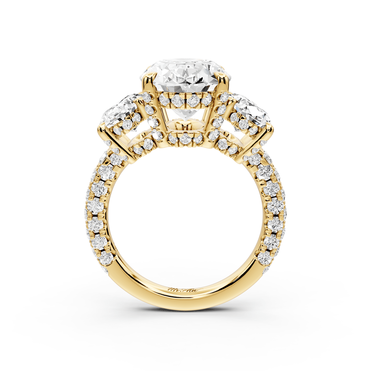 Neta - 5ct 14k yellow gold Oval Hidden Halo Three-Stone Engagement Ring with Pavé Band - Mr. Alex Jewelry