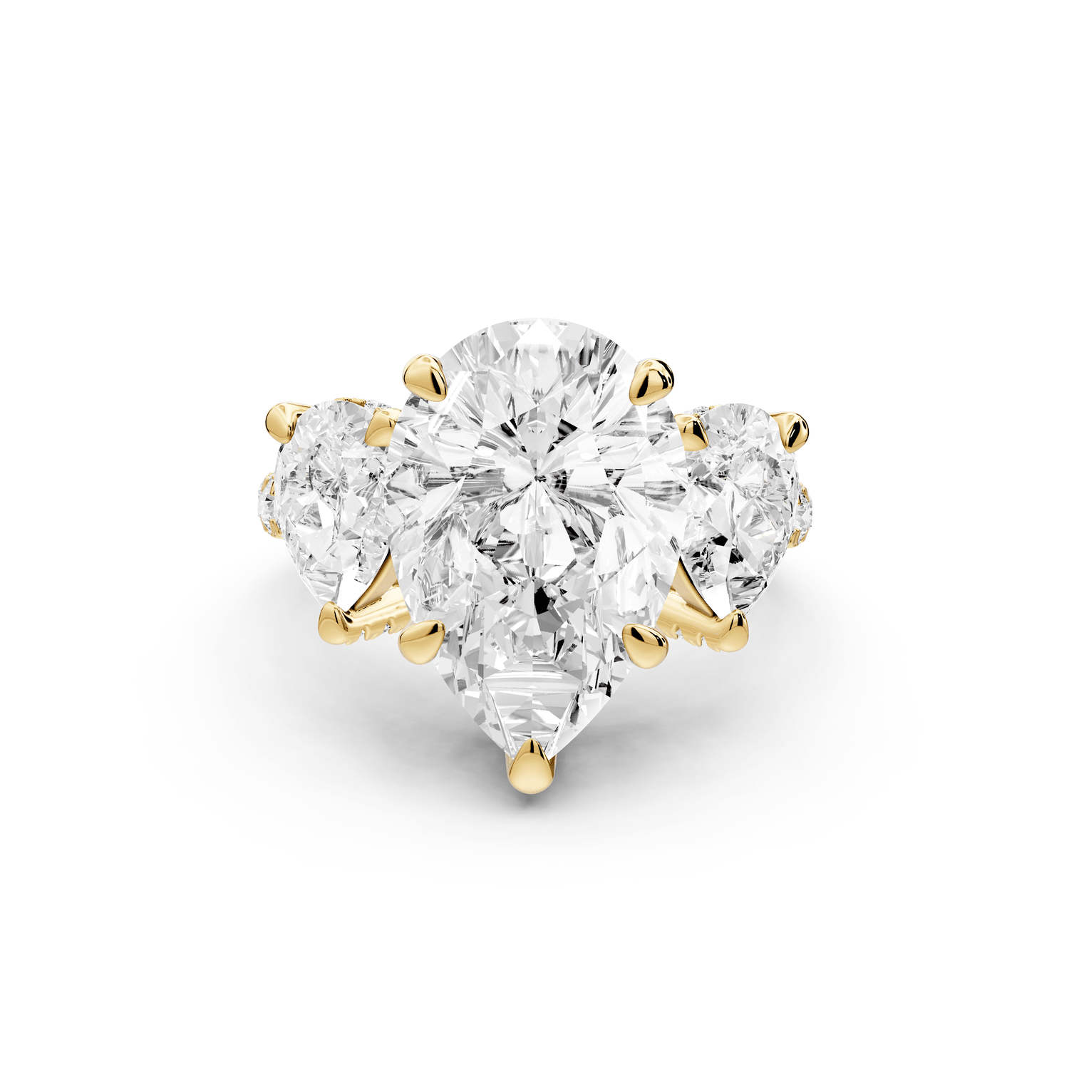 Neta - 5ct 14k yellow gold Pear Hidden Halo Three-Stone Engagement Ring with Pavé Band - Mr. Alex Jewelry