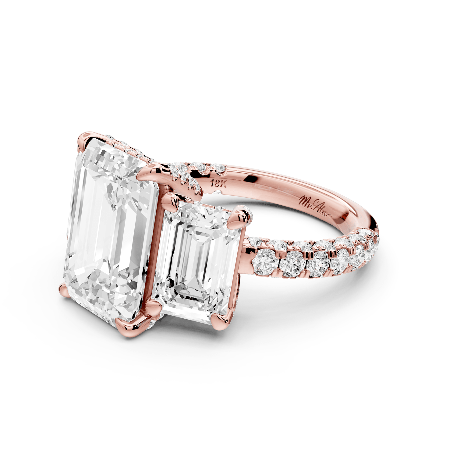 Neta - 5ct 18k rose gold Emerald Hidden Halo Three-Stone Engagement Ring with Pavé Band - Mr. Alex Jewelry