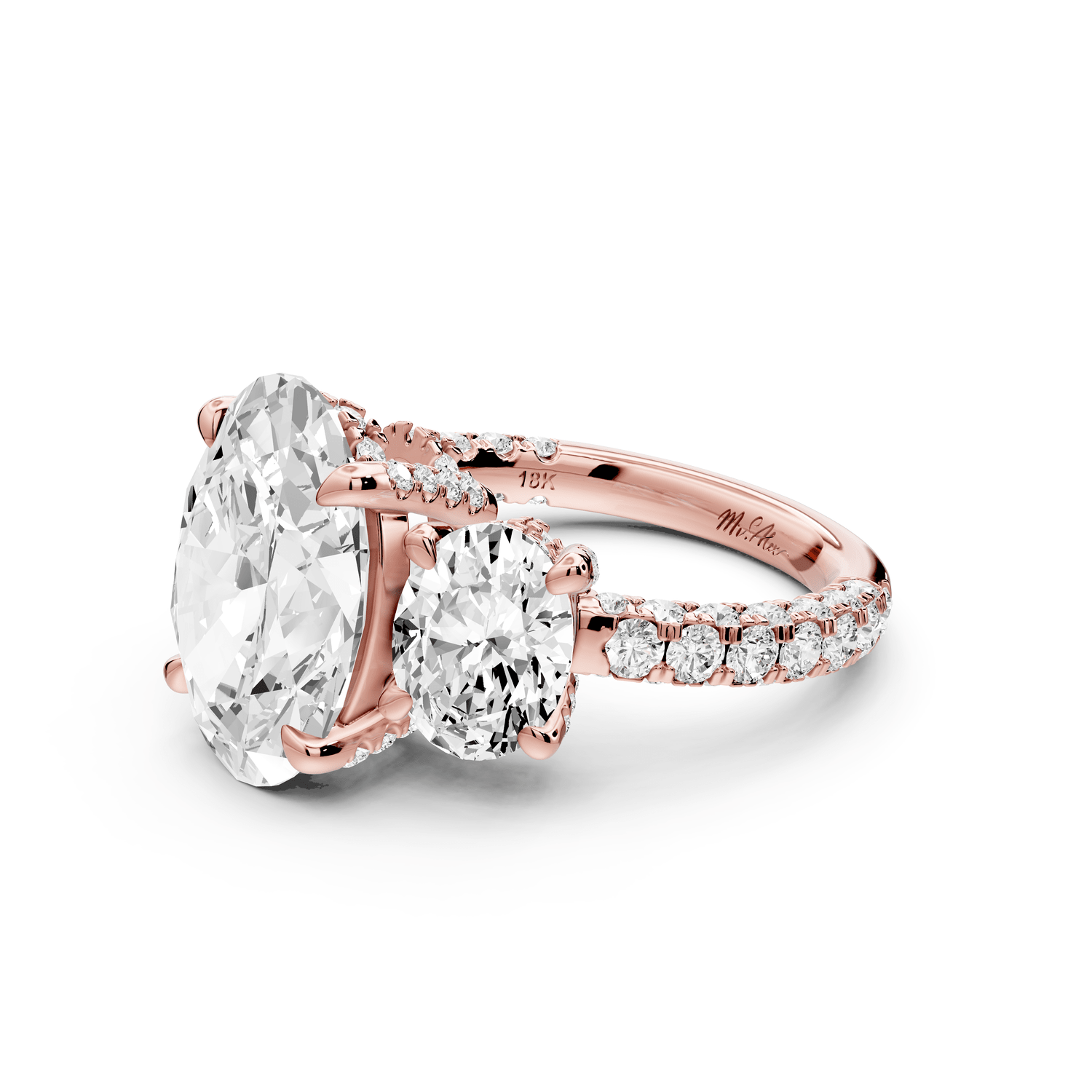 Neta - 5ct 18k rose gold Oval Hidden Halo Three-Stone Engagement Ring with Pavé Band - Mr. Alex Jewelry