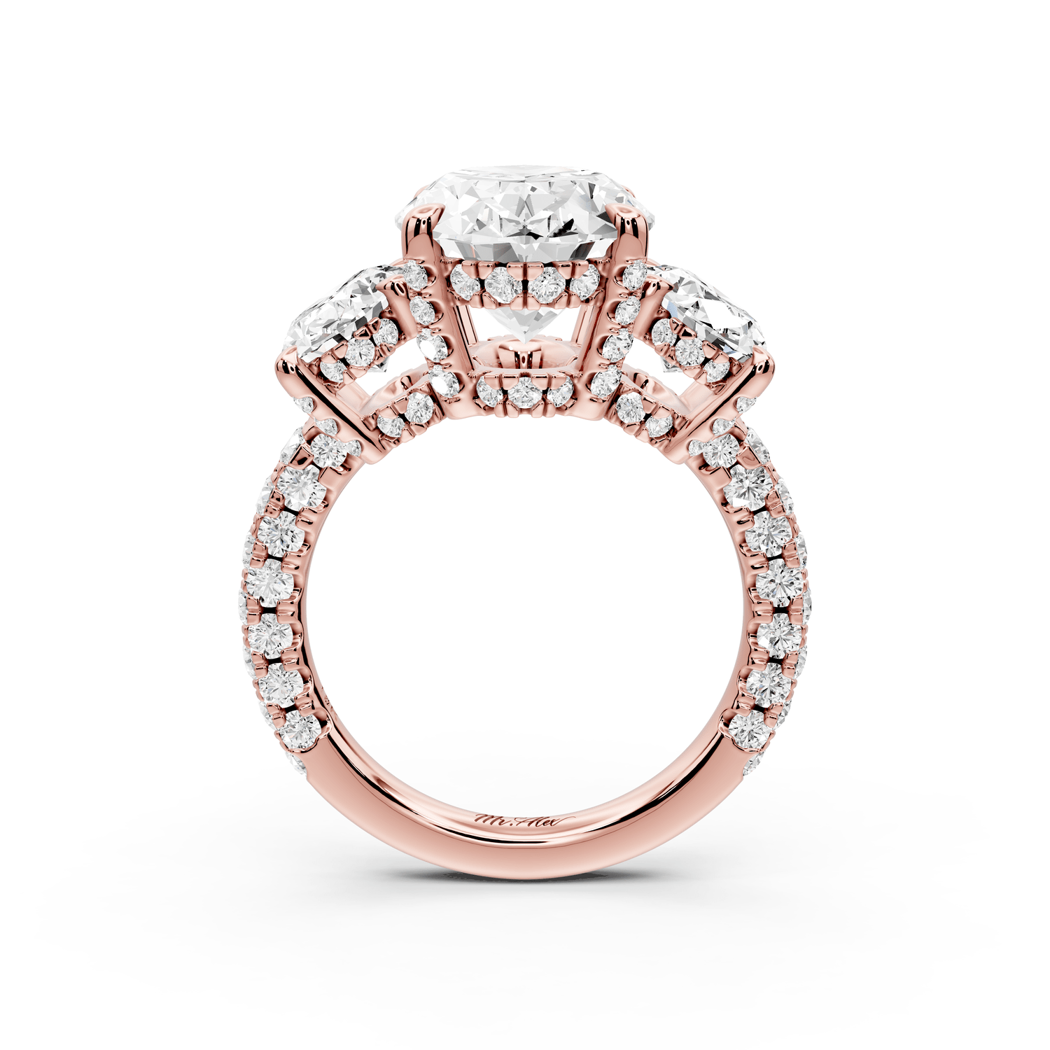 Neta - 5ct 18k rose gold Oval Hidden Halo Three-Stone Engagement Ring with Pavé Band - Mr. Alex Jewelry
