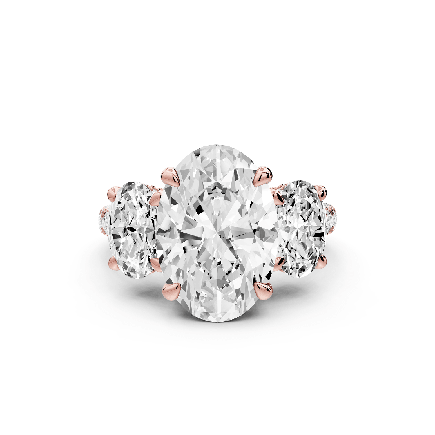 Neta - 5ct 18k rose gold Oval Hidden Halo Three-Stone Engagement Ring with Pavé Band - Mr. Alex Jewelry