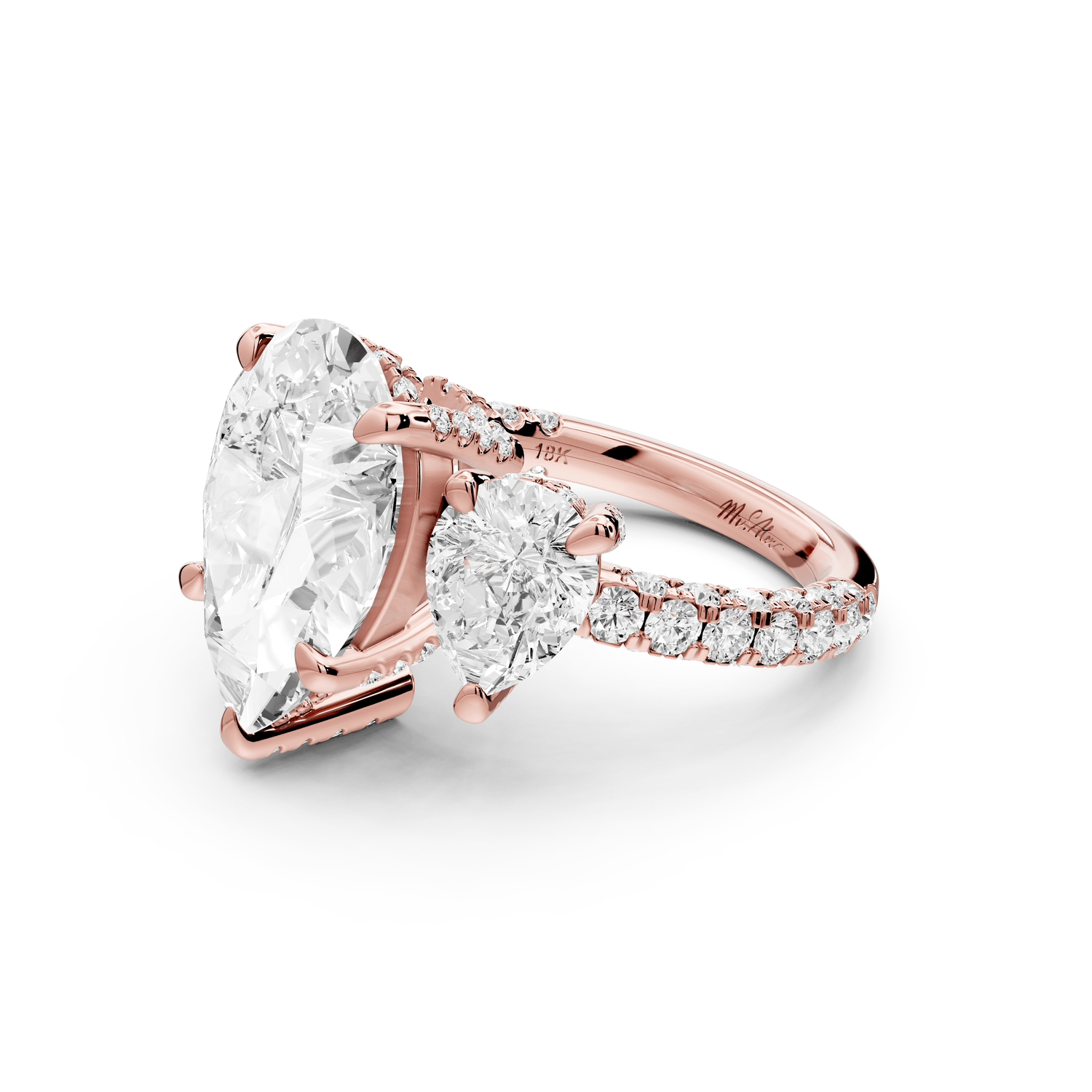 Neta - 5ct 18k rose gold Pear Hidden Halo Three-Stone Engagement Ring with Pavé Band - Mr. Alex Jewelry