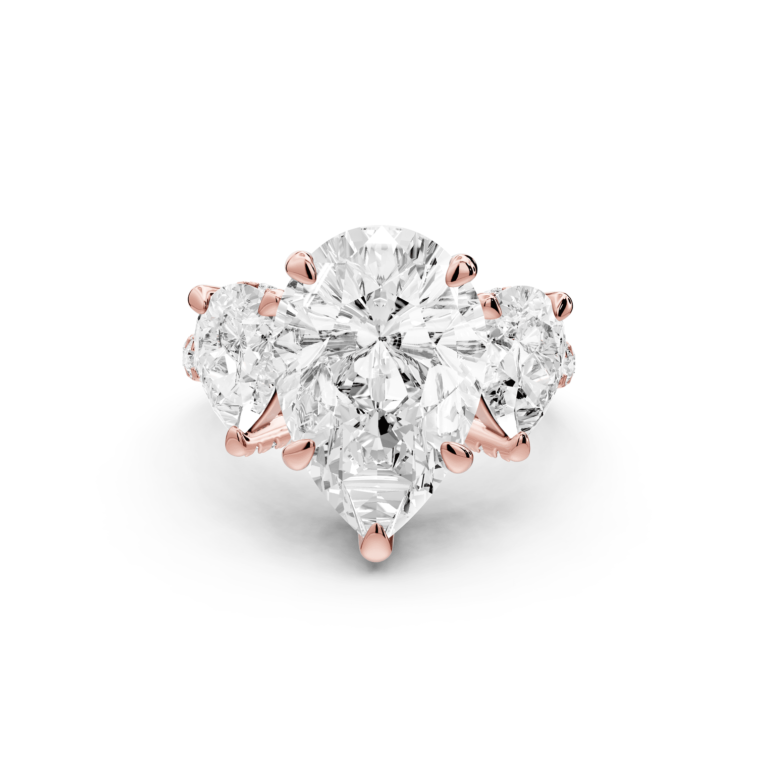 Neta - 5ct 18k rose gold Pear Hidden Halo Three-Stone Engagement Ring with Pavé Band - Mr. Alex Jewelry
