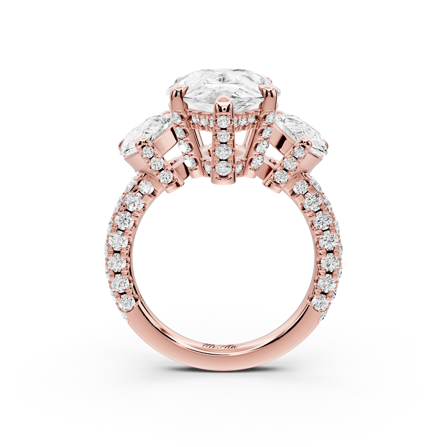 Neta - 5ct 18k rose gold Pear Hidden Halo Three-Stone Engagement Ring with Pavé Band - Mr. Alex Jewelry