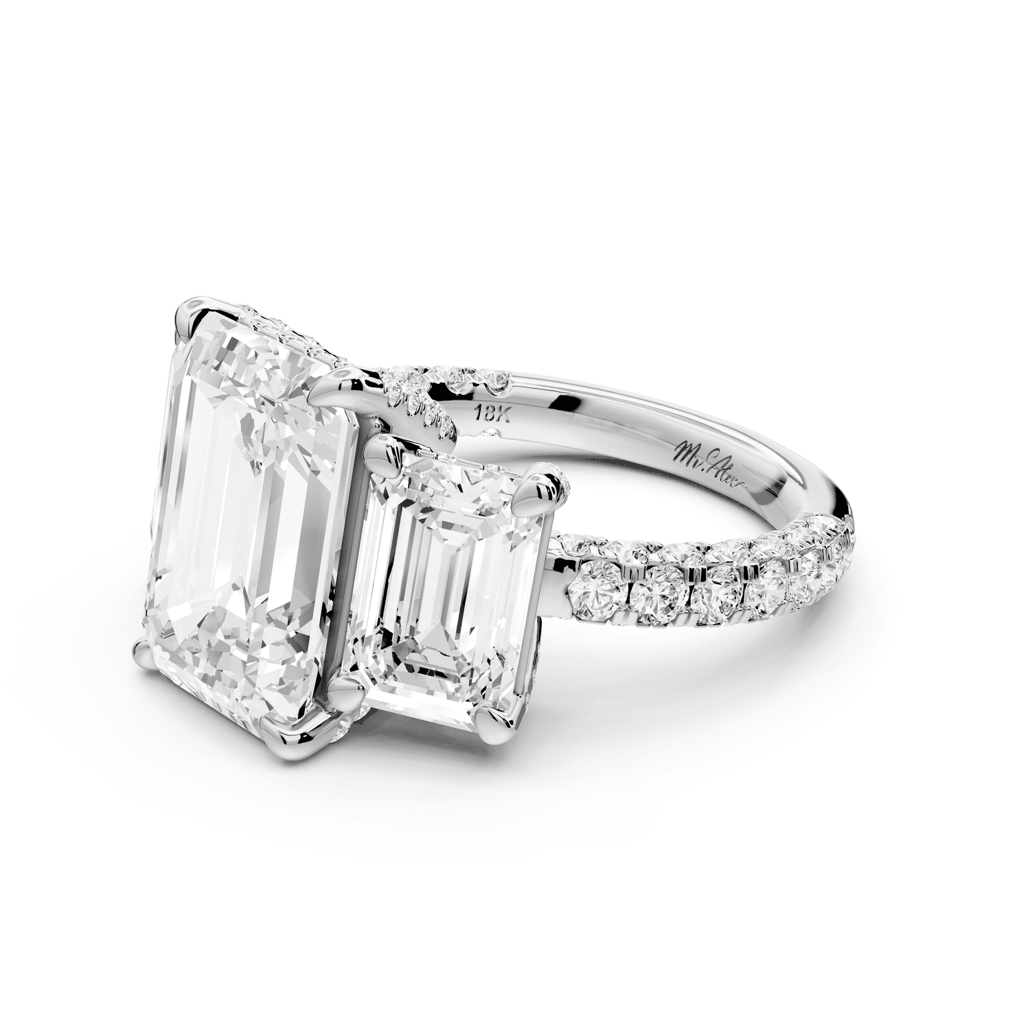 Neta - 5ct 18k white gold Emerald Hidden Halo Three-Stone Engagement Ring with Pavé Band - Mr. Alex Jewelry