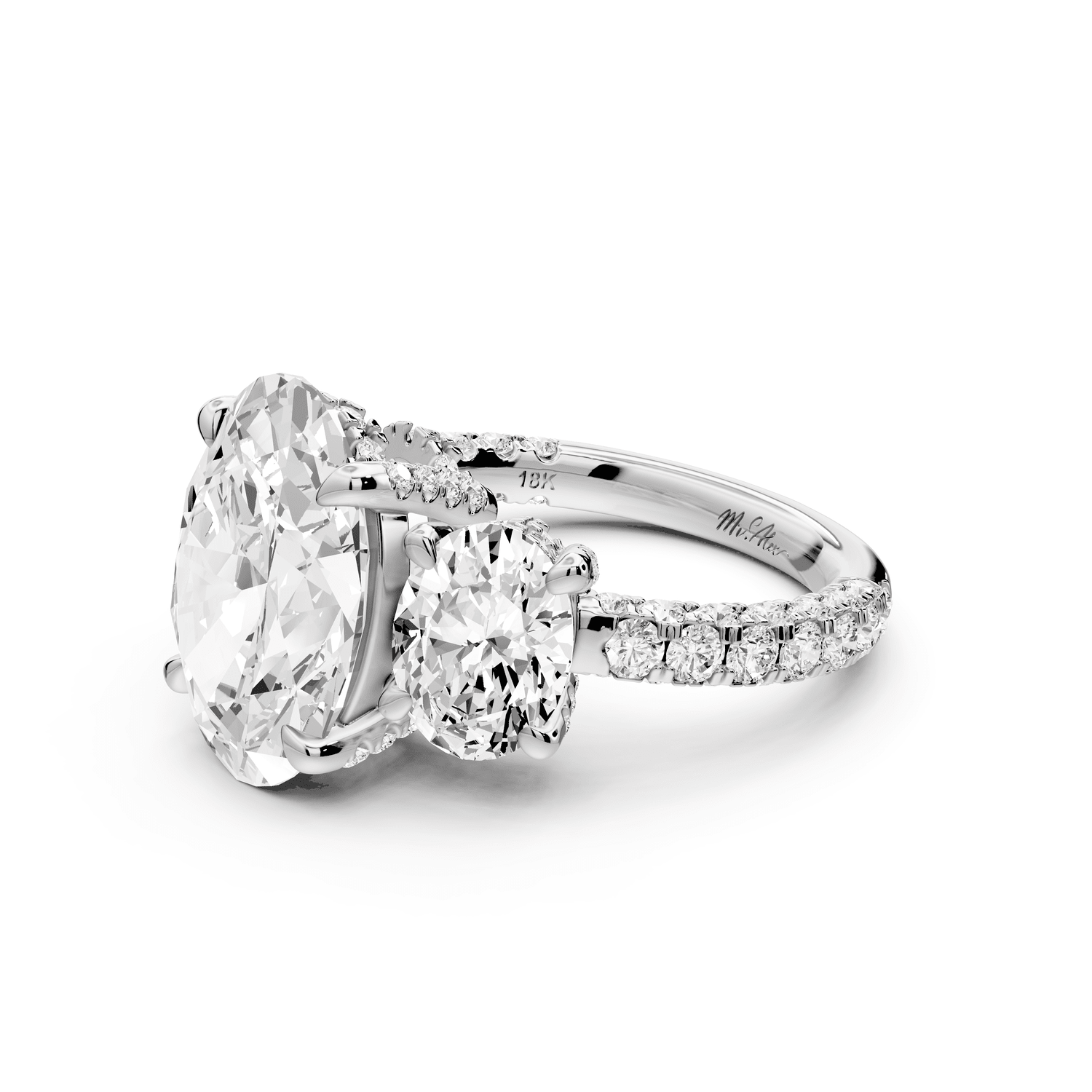 Neta - 5ct 18k white gold Oval Hidden Halo Three-Stone Engagement Ring with Pavé Band - Mr. Alex Jewelry