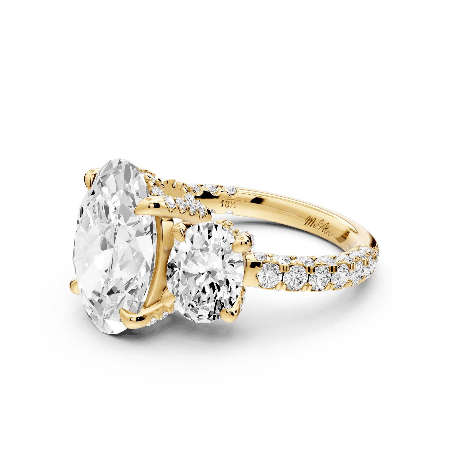 Neta - 5ct 18k yellow gold Oval Hidden Halo Three-Stone Engagement Ring with Pavé Band - Mr. Alex Jewelry