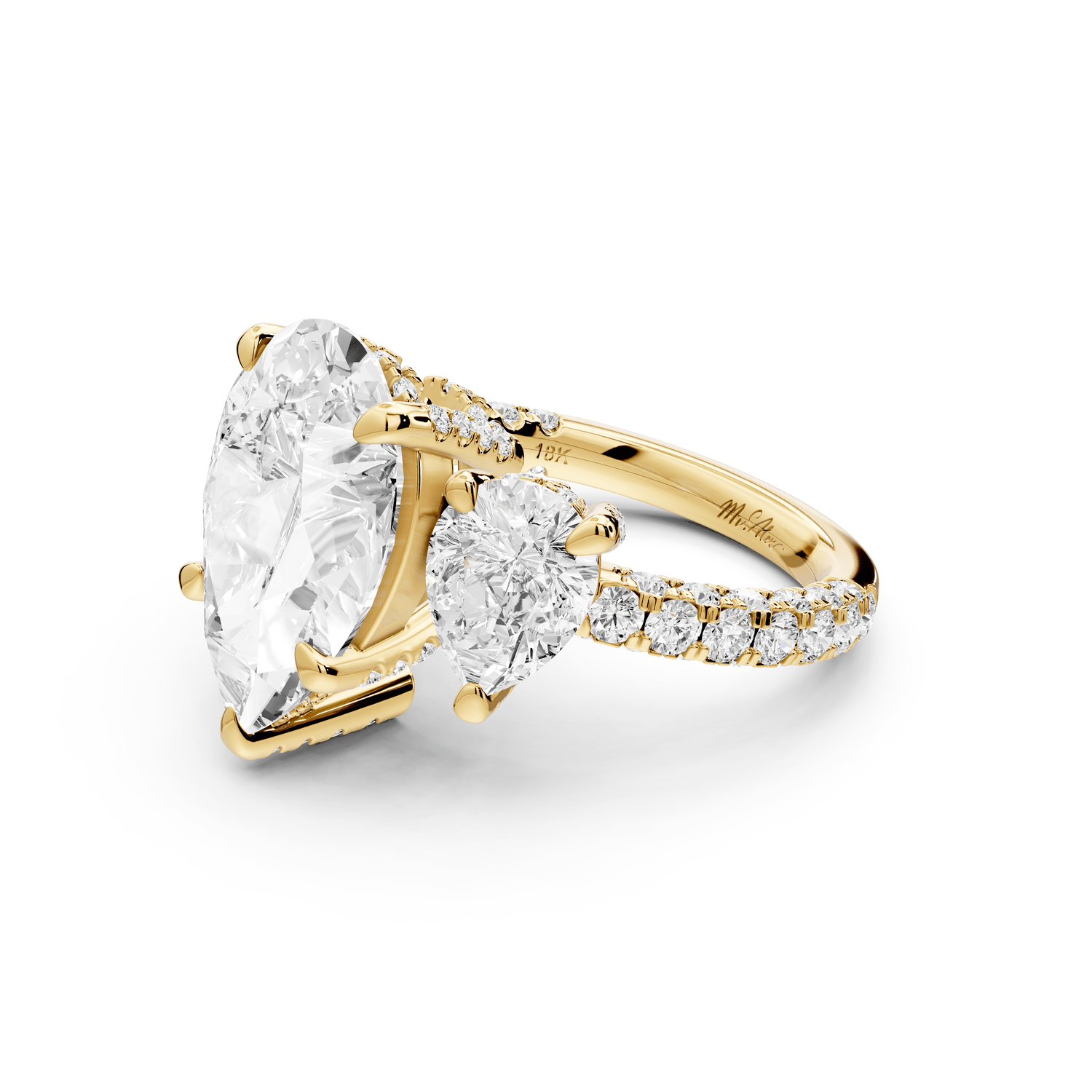 Neta - 5ct 18k yellow gold Pear Hidden Halo Three-Stone Engagement Ring with Pavé Band - Mr. Alex Jewelry