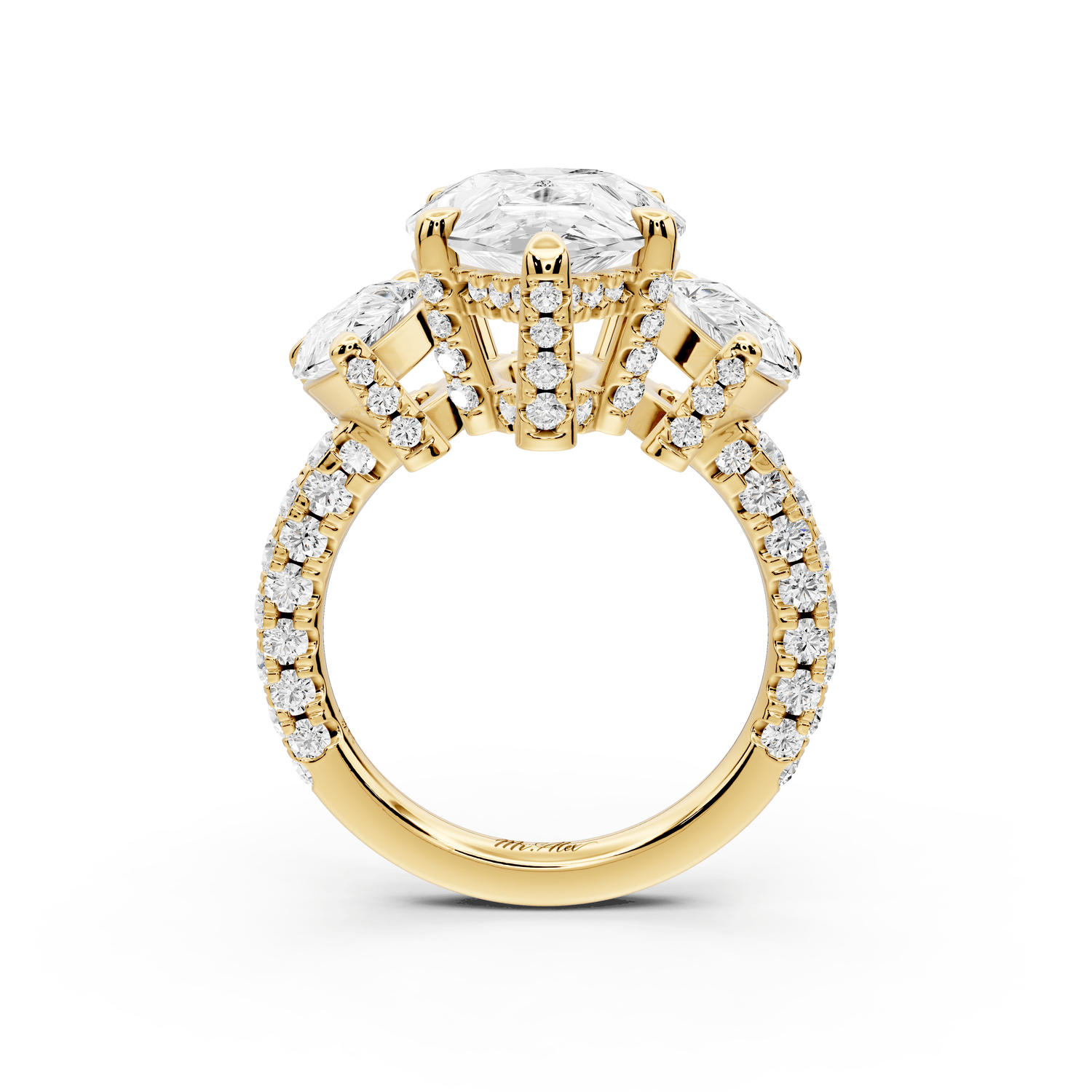 Neta - 5ct 18k yellow gold Pear Hidden Halo Three-Stone Engagement Ring with Pavé Band - Mr. Alex Jewelry