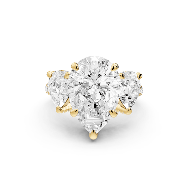 Neta - 5ct 18k yellow gold Pear Hidden Halo Three-Stone Engagement Ring with Pavé Band - Mr. Alex Jewelry