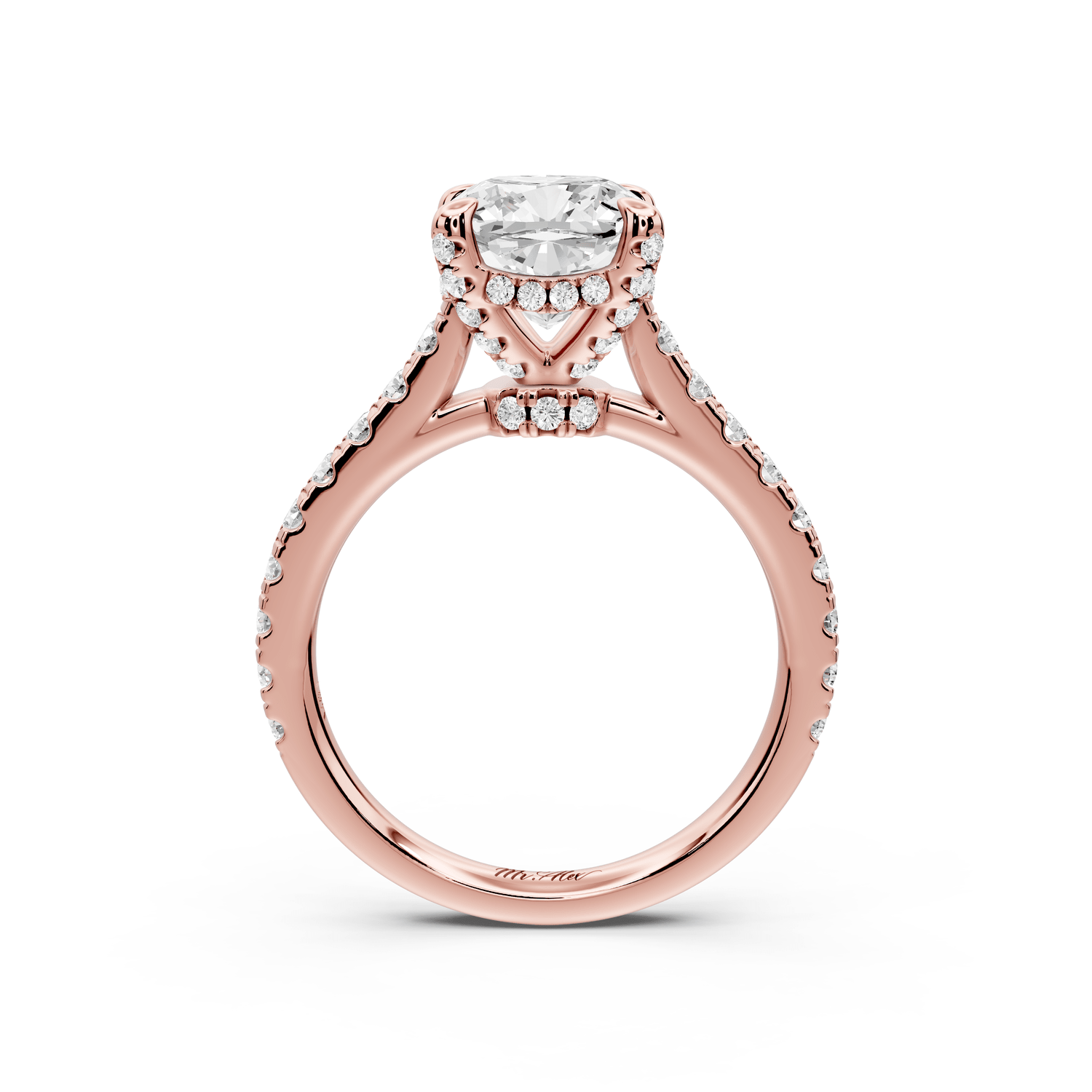 Odette - 2ct 14k rose gold cushion Diamond Engagement Ring with Pavé Band & Hidden Halo - Mr. Alex Jewelry