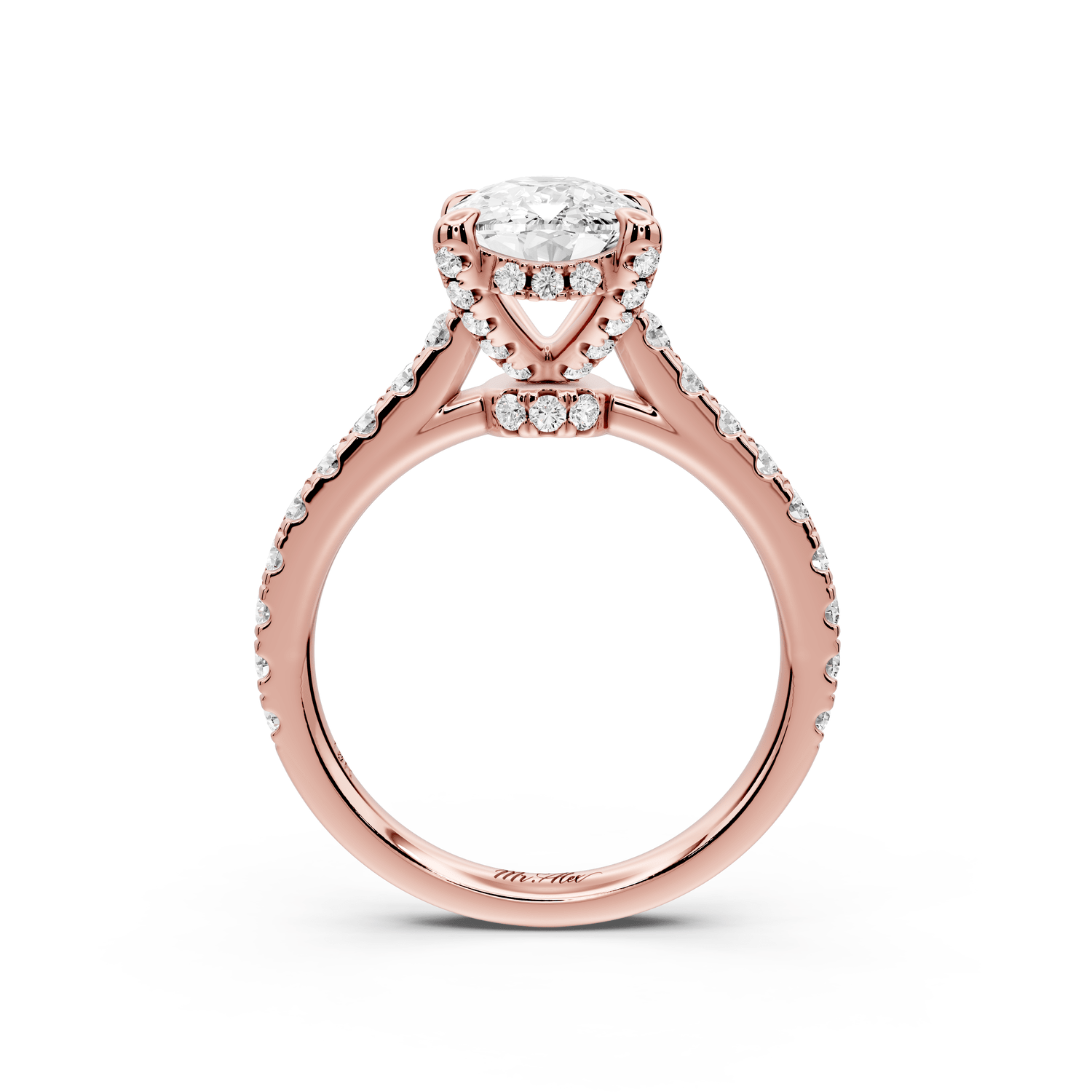 Odette - 2ct 14k rose gold ecushion Diamond Engagement Ring with Pavé Band & Hidden Halo - Mr. Alex Jewelry