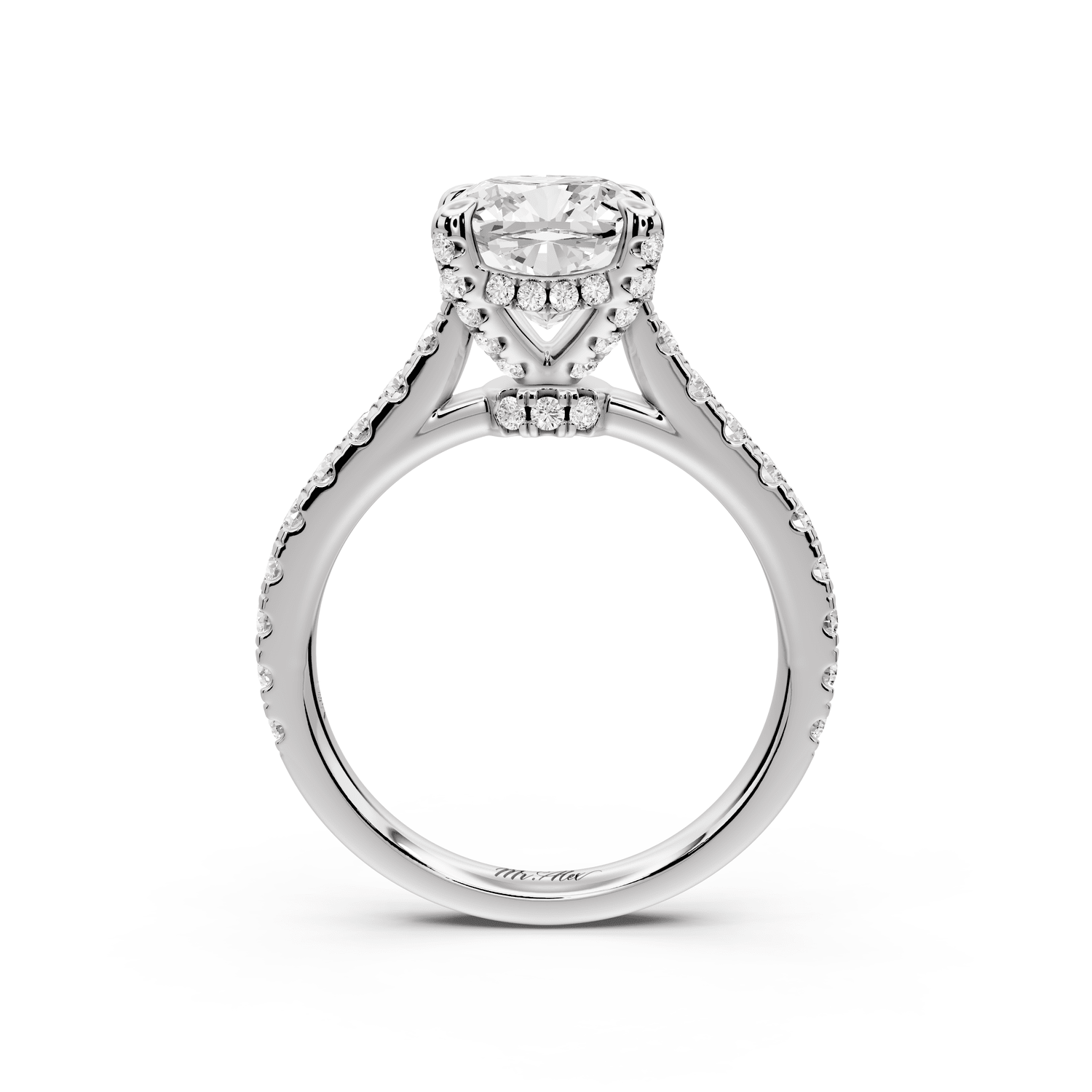 Odette - 2ct 14k white gold cushion Diamond Engagement Ring with Pavé Band & Hidden Halo - Mr. Alex Jewelry