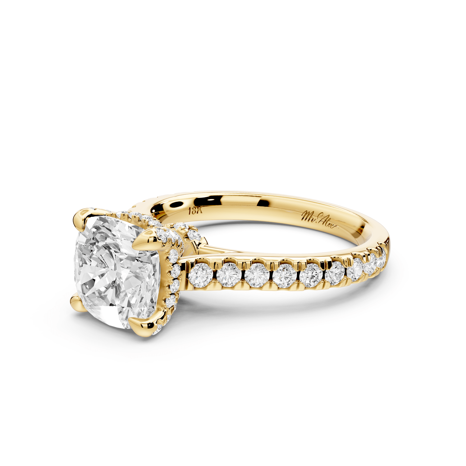 Odette - 2ct 14k yellow gold cushion Diamond Engagement Ring with Pavé Band & Hidden Halo - Mr. Alex Jewelry