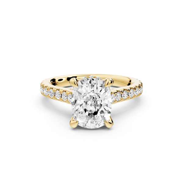 Odette - 2ct 14k yellow gold ecushion Diamond Engagement Ring with Pavé Band & Hidden Halo - Mr. Alex Jewelry