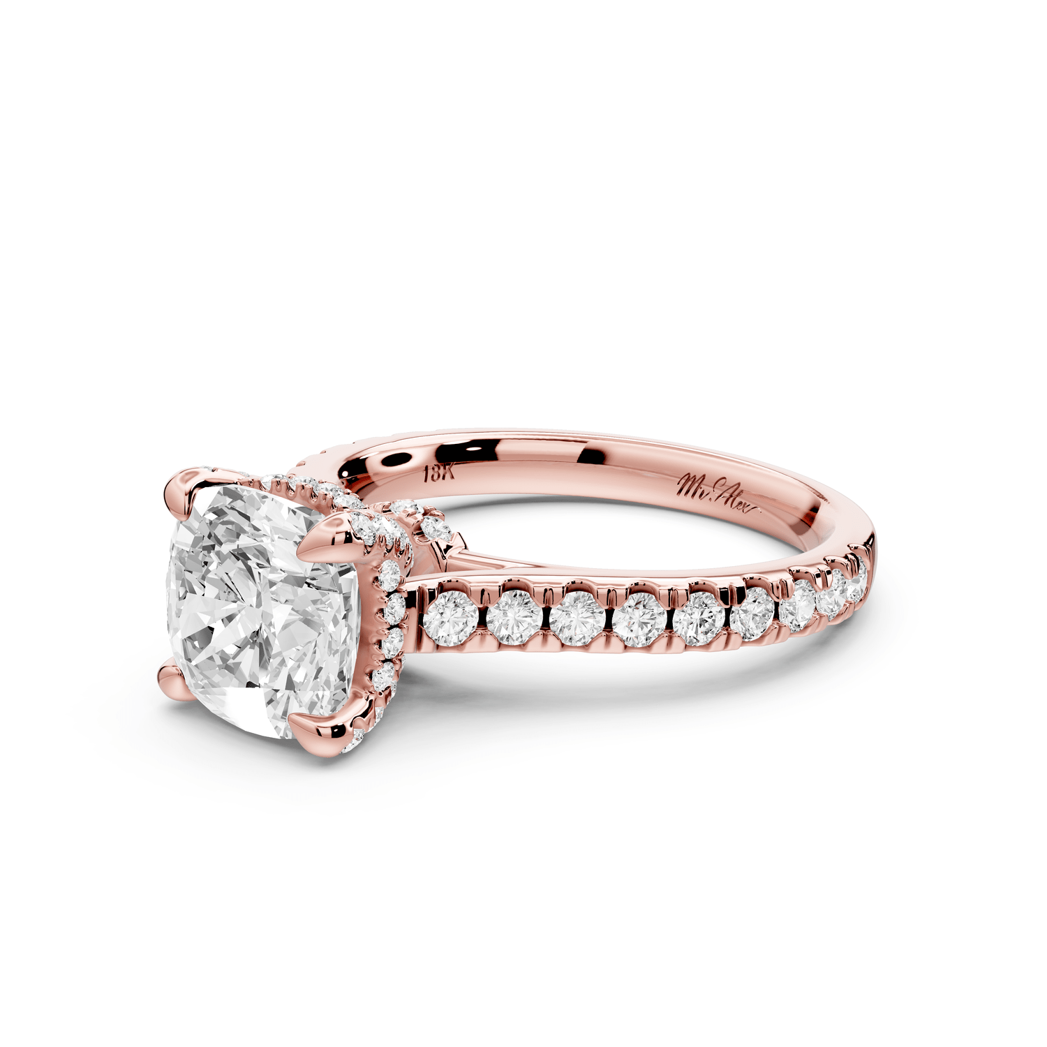 Odette - 2ct 18k rose gold cushion Diamond Engagement Ring with Pavé Band & Hidden Halo - Mr. Alex Jewelry