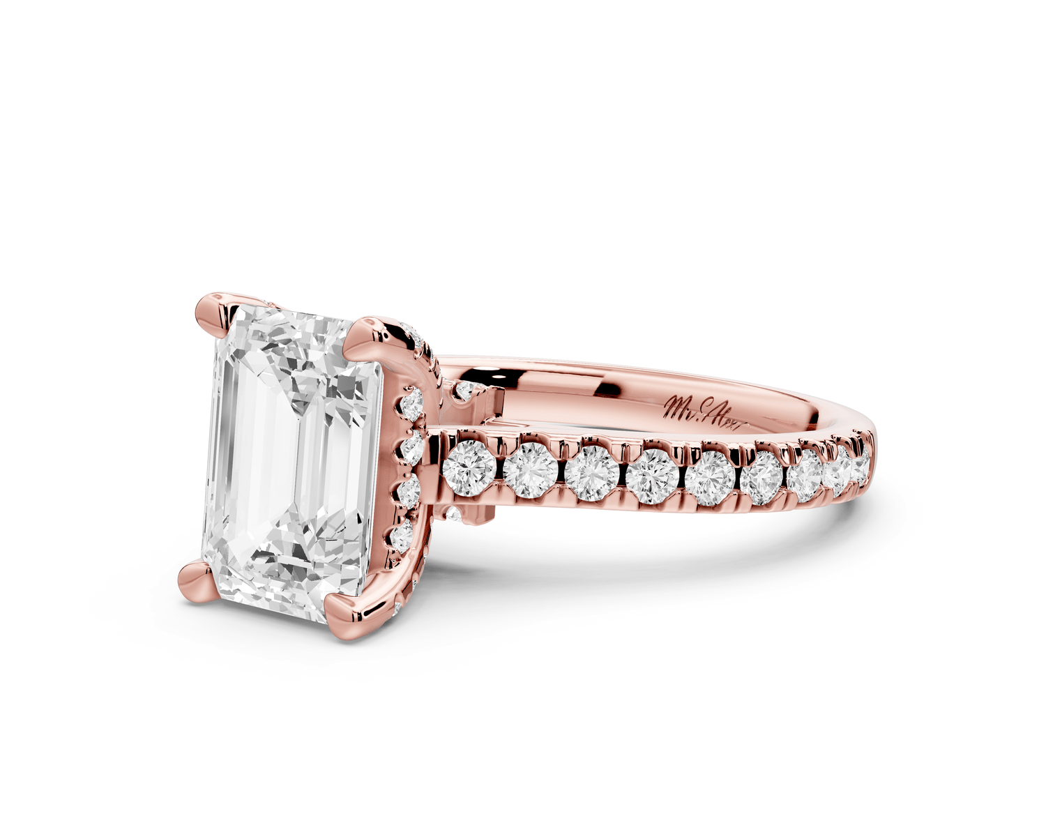 Odette - 2ct 18k rose gold emerald Diamond Engagement Ring with Pavé Band & Hidden Halo - Mr. Alex Jewelry