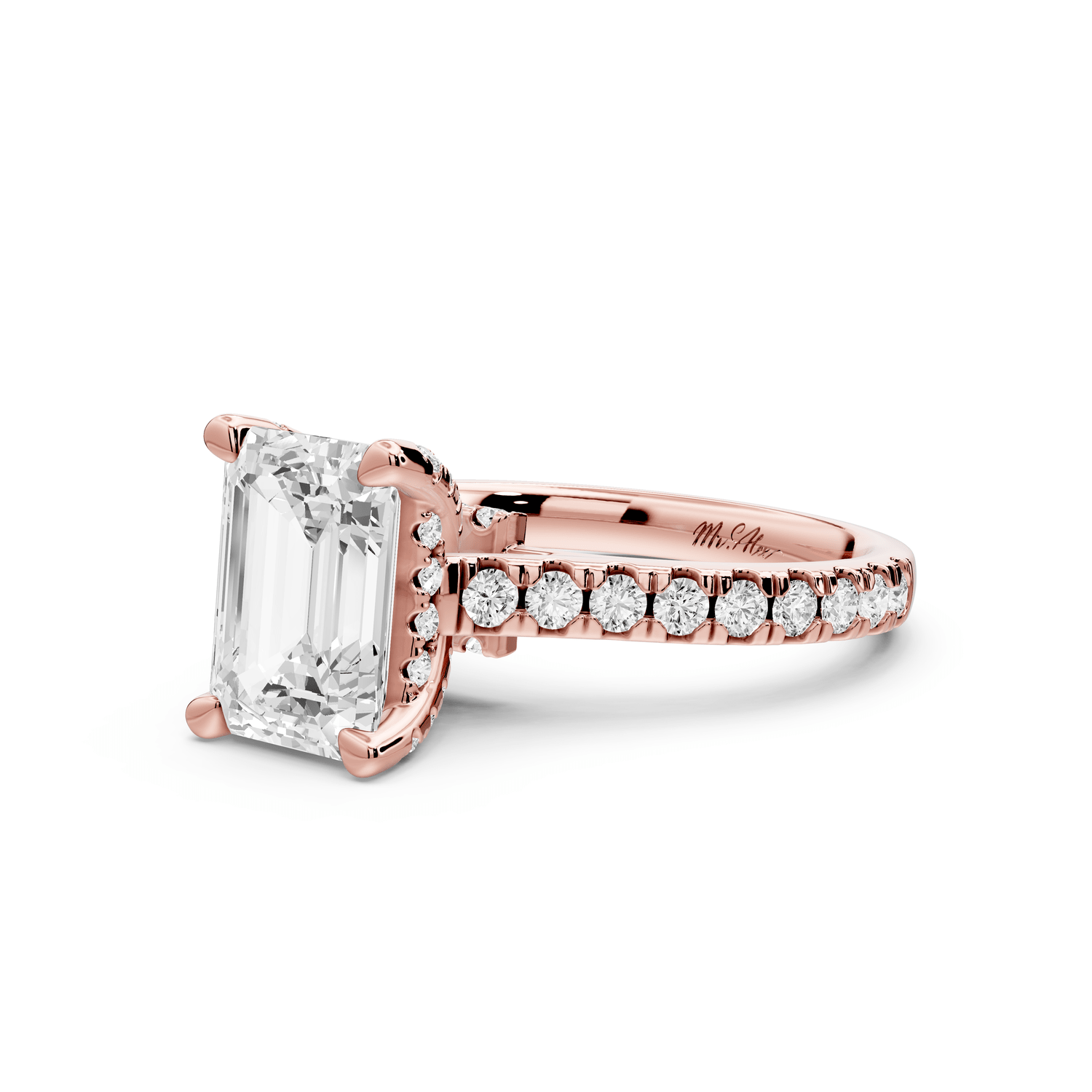 Odette - 2ct 18k rose gold emerald Diamond Engagement Ring with Pavé Band & Hidden Halo - Mr. Alex Jewelry