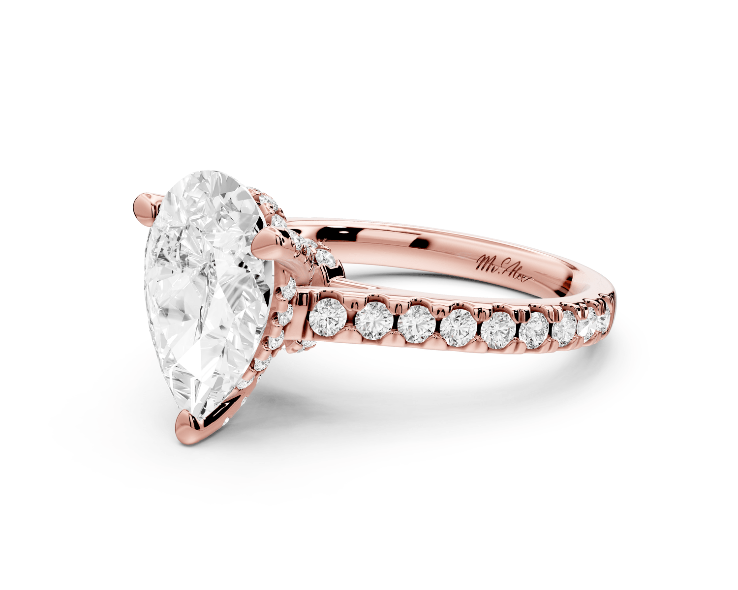 Odette - 2ct 18k rose gold pear Diamond Engagement Ring with Pavé Band & Hidden Halo - Mr. Alex Jewelry