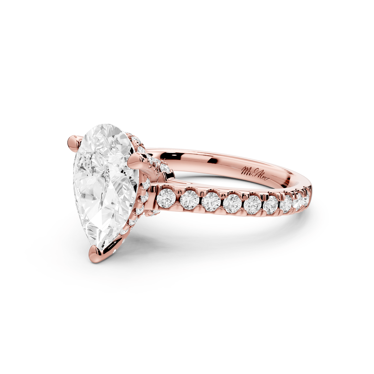 Odette - 2ct 18k rose gold pear Diamond Engagement Ring with Pavé Band & Hidden Halo - Mr. Alex Jewelry