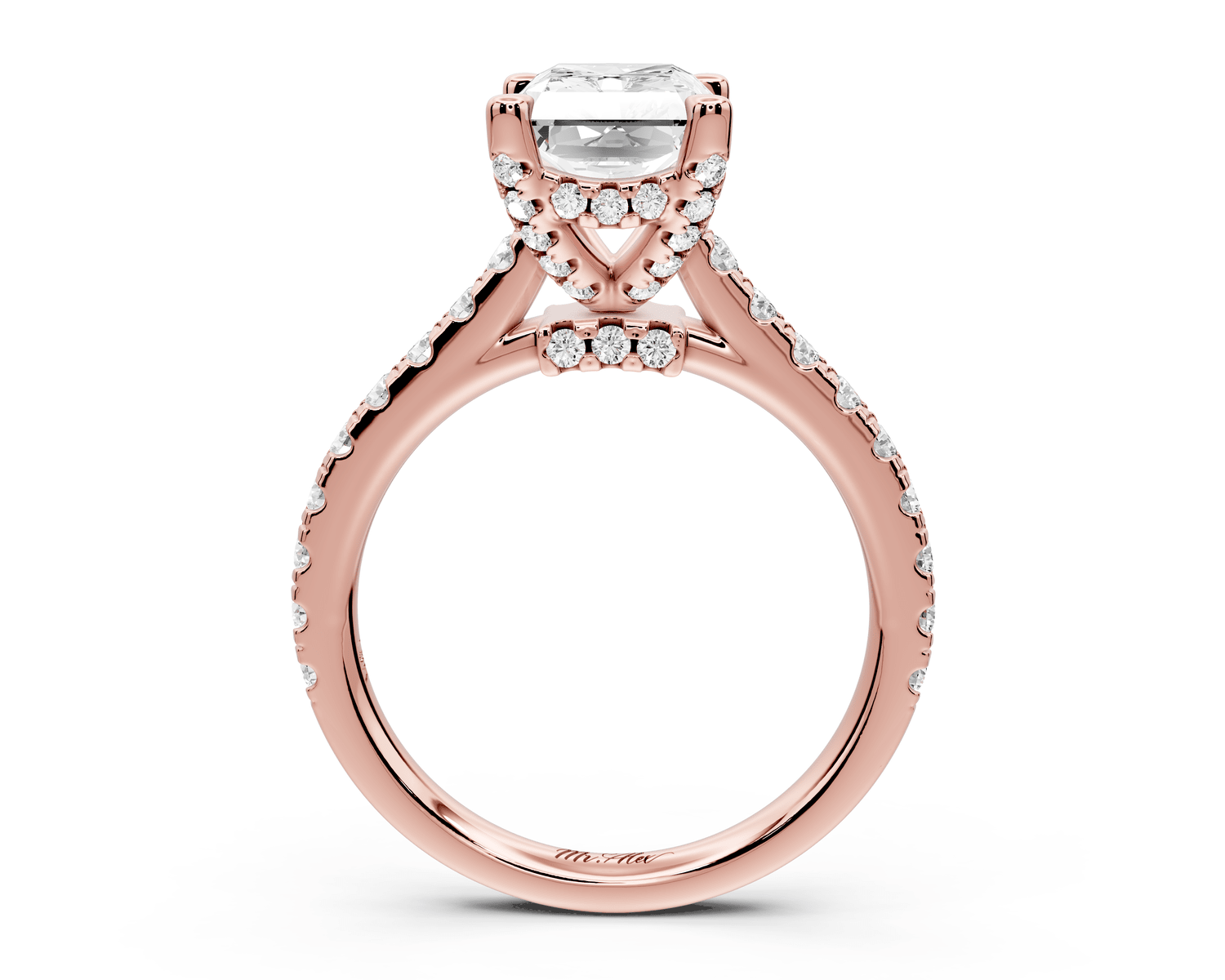 Odette - 2ct 18k rose gold radiant Diamond Engagement Ring with Pavé Band & Hidden Halo - Mr. Alex Jewelry