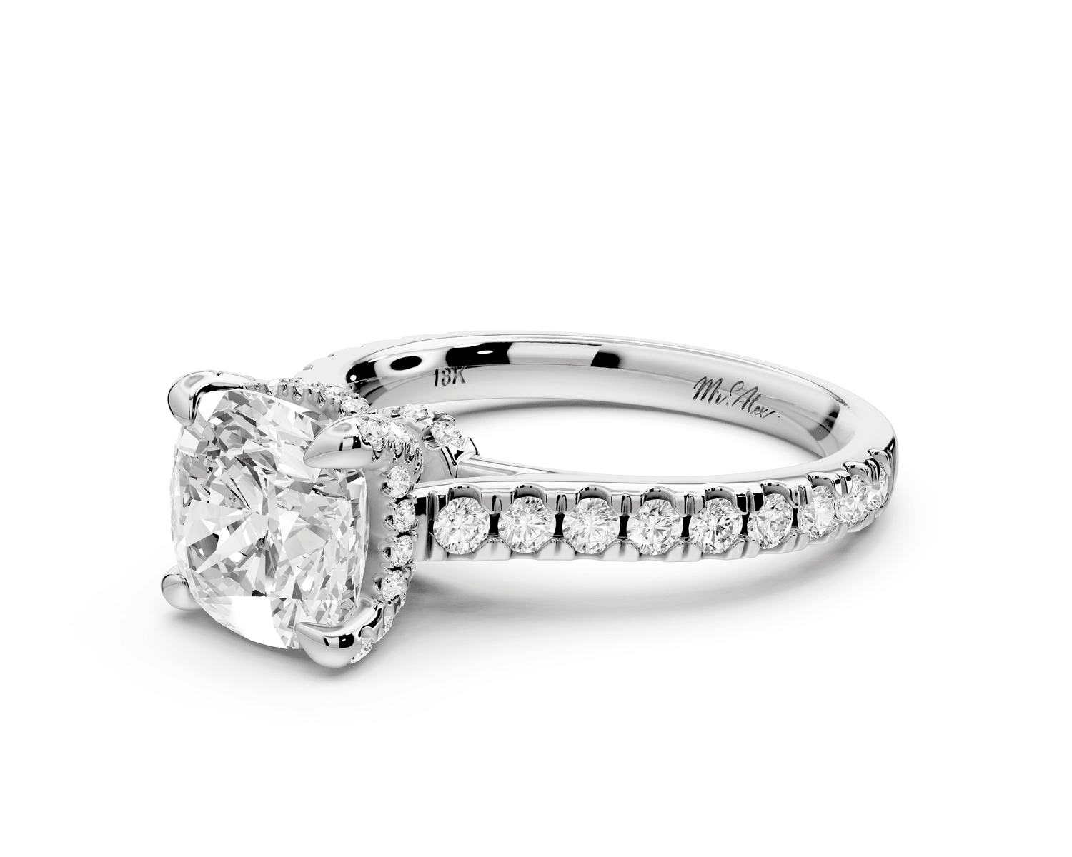 Odette - 2ct 18k white gold cushion Diamond Engagement Ring with Pavé Band & Hidden Halo - Mr. Alex Jewelry