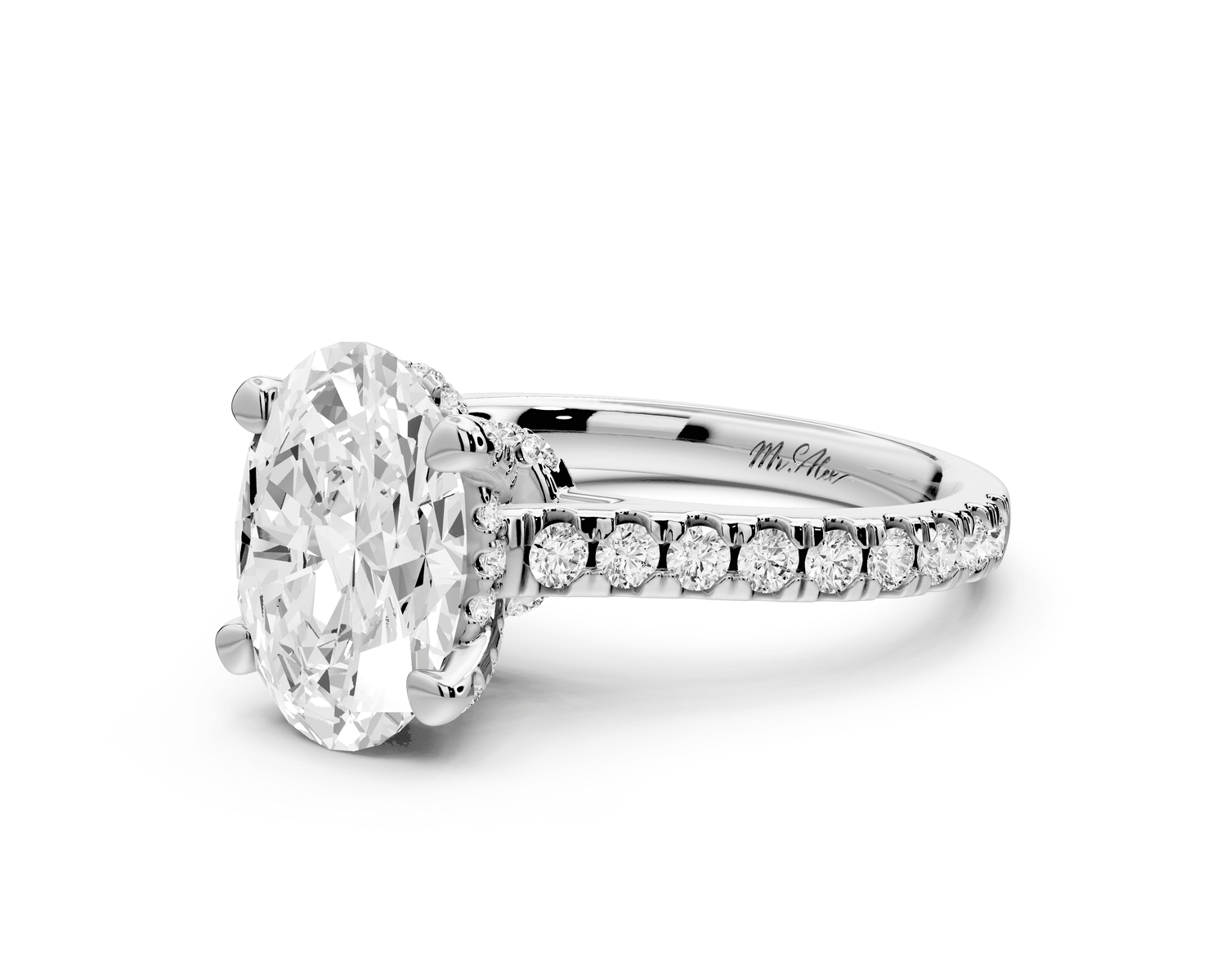 Odette - 2ct 18k white gold oval Diamond Engagement Ring with Pavé Band & Hidden Halo - Mr. Alex Jewelry