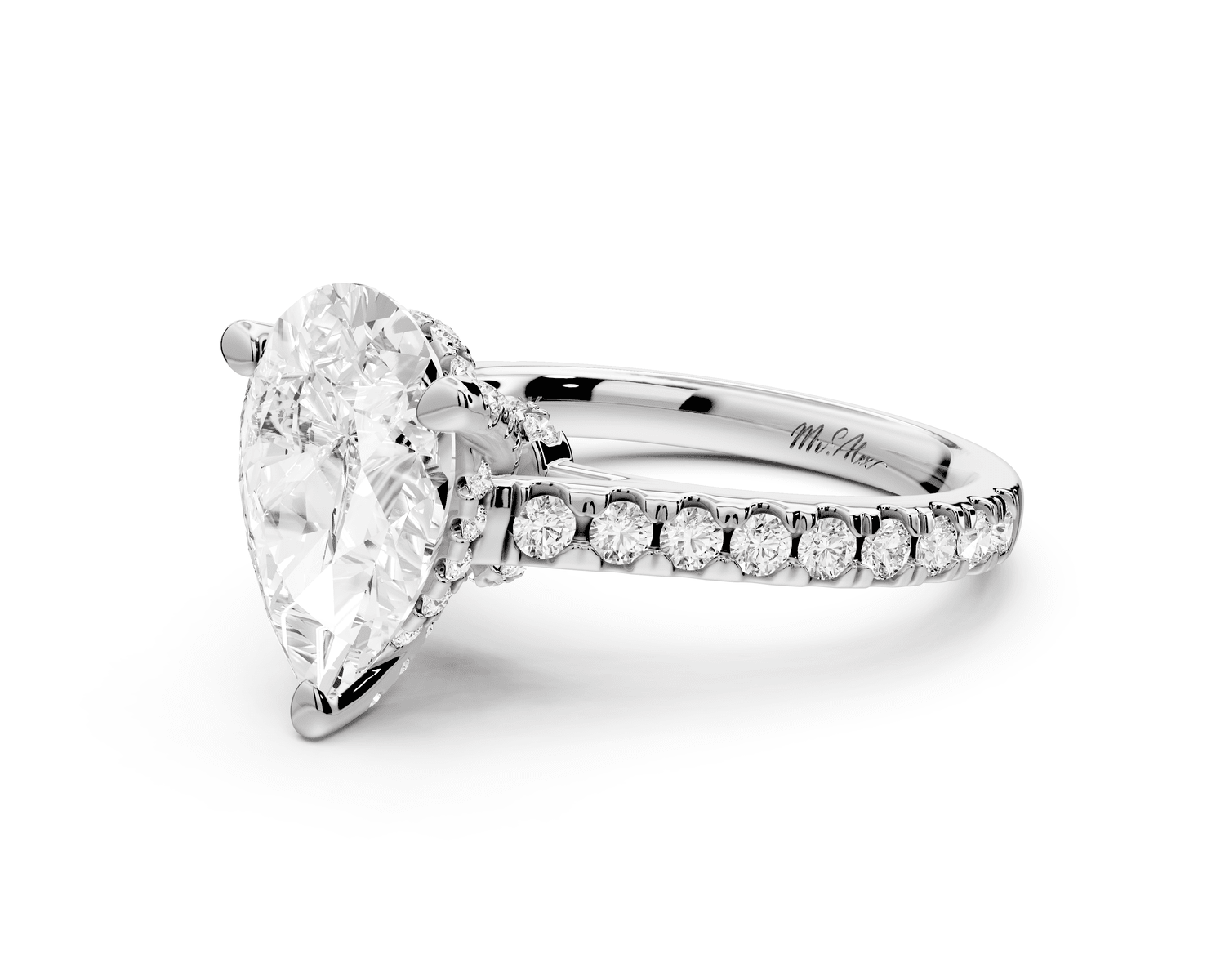 Odette - 2ct 18k white gold pear Diamond Engagement Ring with Pavé Band & Hidden Halo - Mr. Alex Jewelry