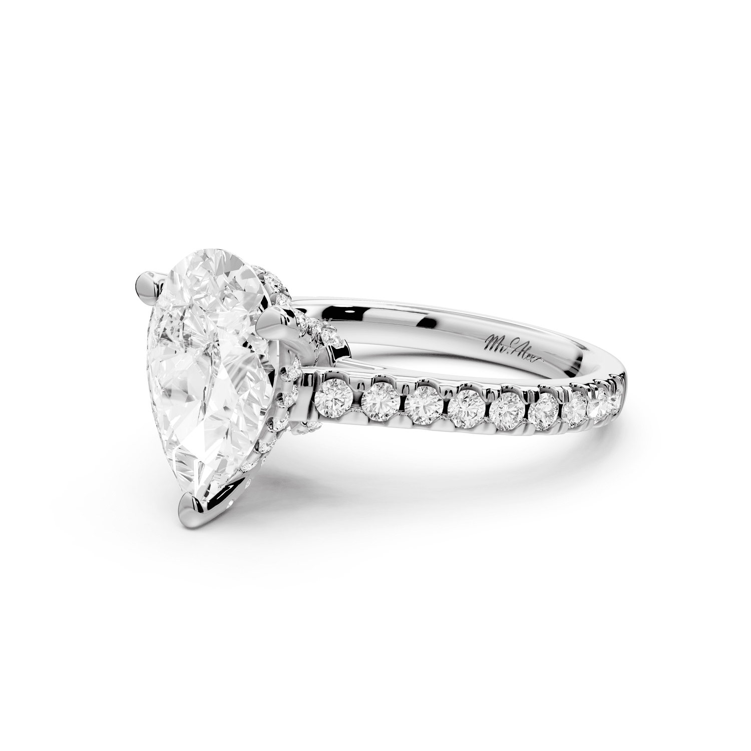 Odette - 2ct 18k white gold pear Diamond Engagement Ring with Pavé Band & Hidden Halo - Mr. Alex Jewelry