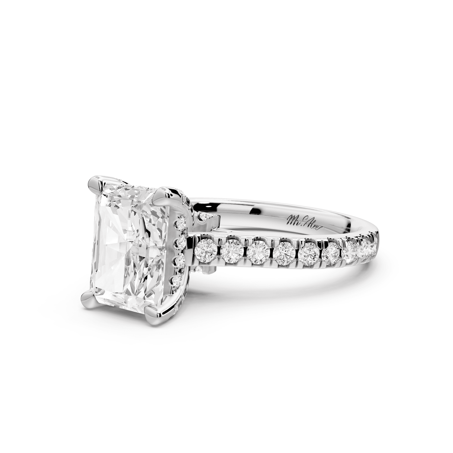 Odette - 2ct 18k white gold radiant Diamond Engagement Ring with Pavé Band & Hidden Halo - Mr. Alex Jewelry