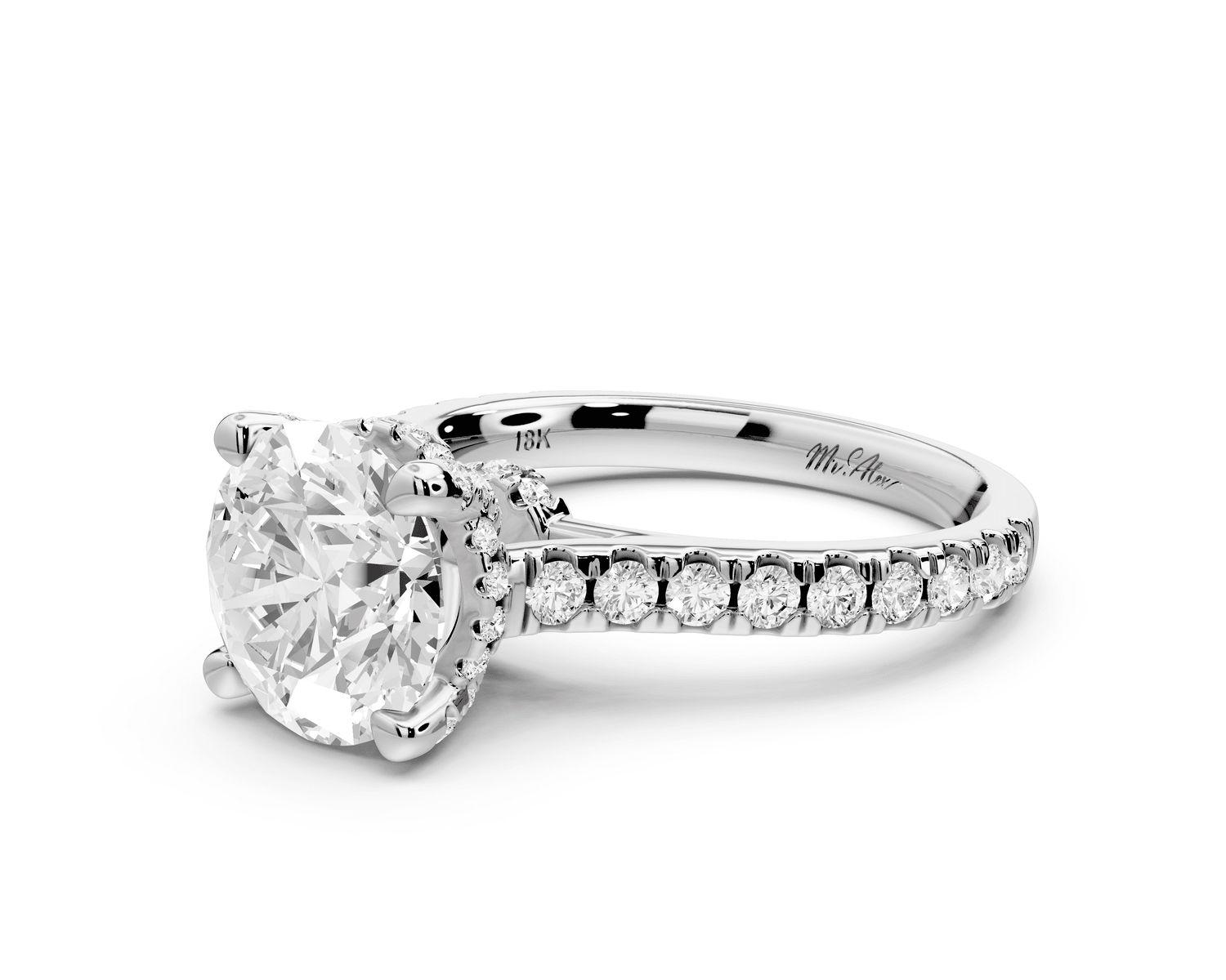 Odette - 2ct 18k white gold round Diamond Engagement Ring with Pavé Band & Hidden Halo - Mr. Alex Jewelry