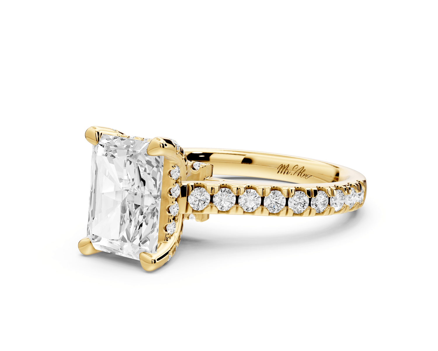 Odette - 2ct 18k yellow gold radiant Diamond Engagement Ring with Pavé Band & Hidden Halo - Mr. Alex Jewelry