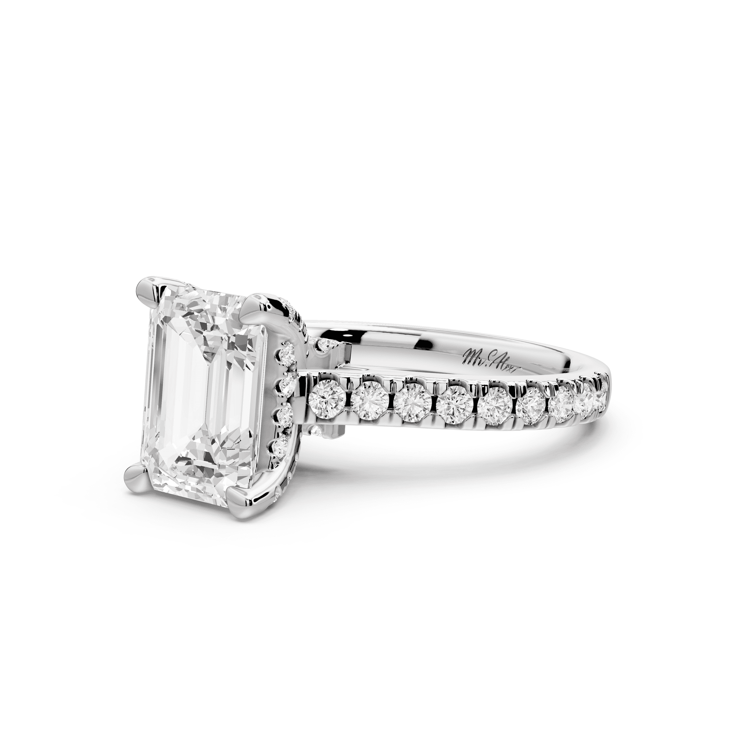 Odette - 2ct platinum emerald Diamond Engagement Ring with Pavé Band & Hidden Halo - Mr. Alex Jewelry