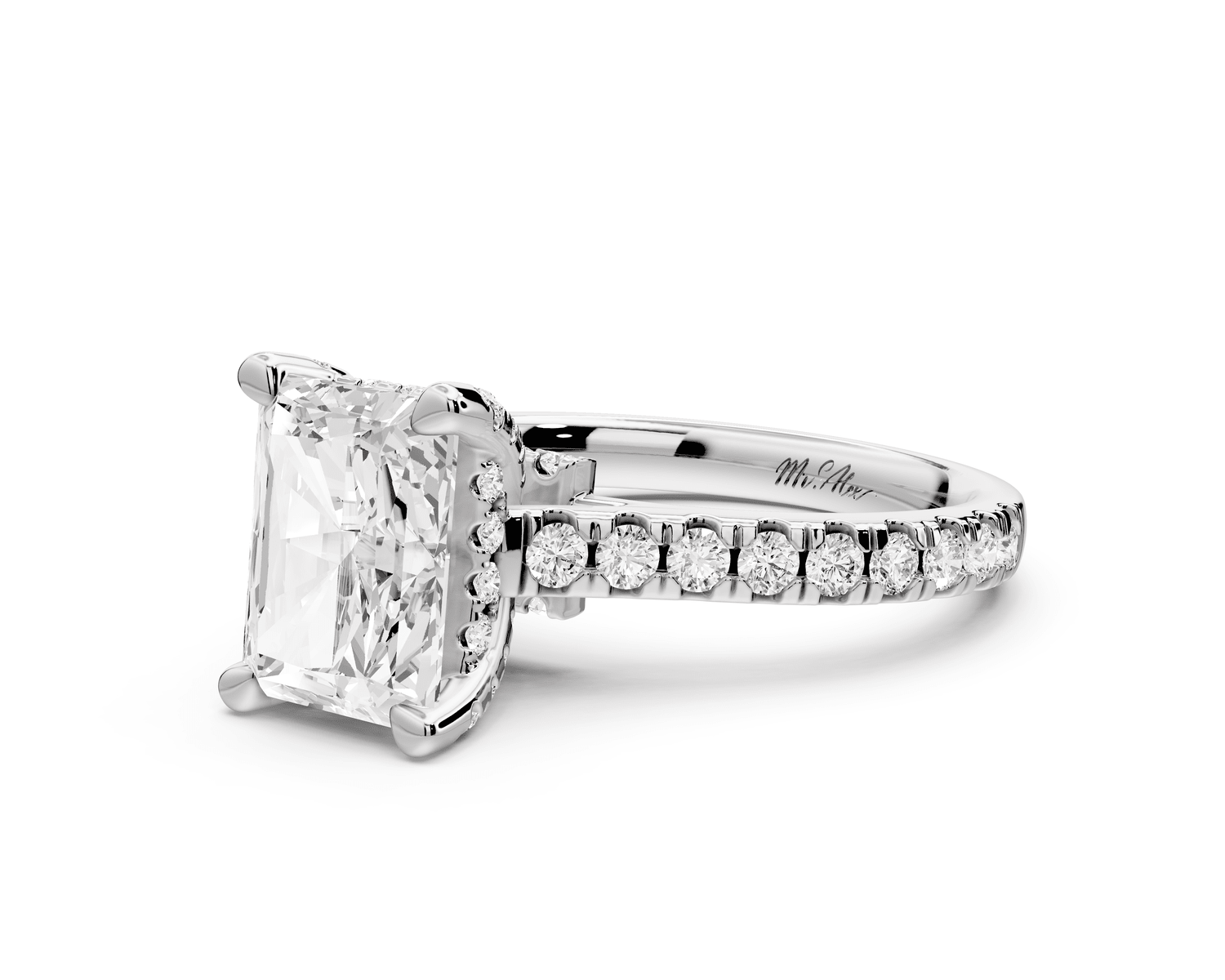 Odette - 2ct platinum radiant Diamond Engagement Ring with Pavé Band & Hidden Halo - Mr. Alex Jewelry