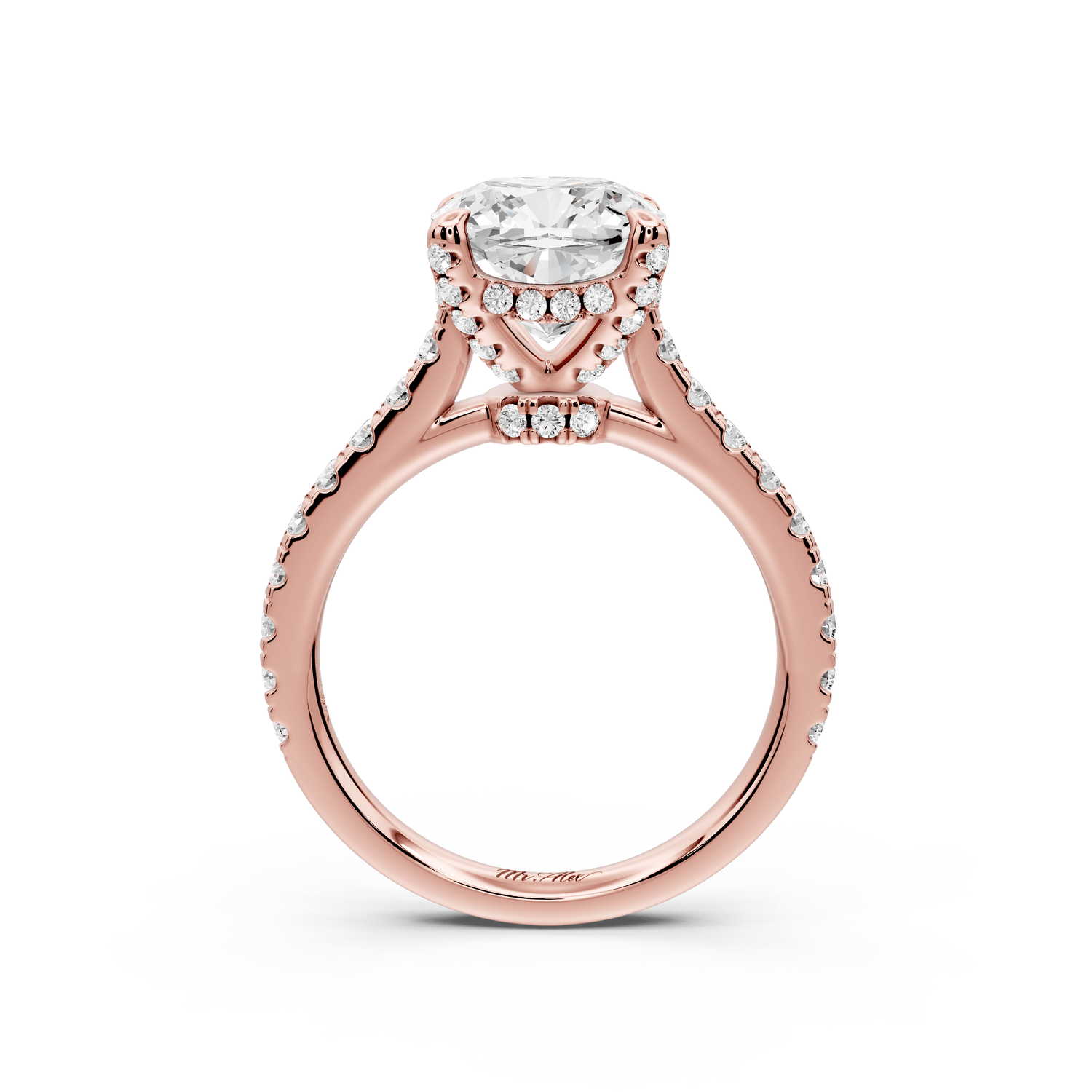 Odette - 3ct 14k rose gold cushion Diamond Engagement Ring with Pavé Band & Hidden Halo - Mr. Alex Jewelry