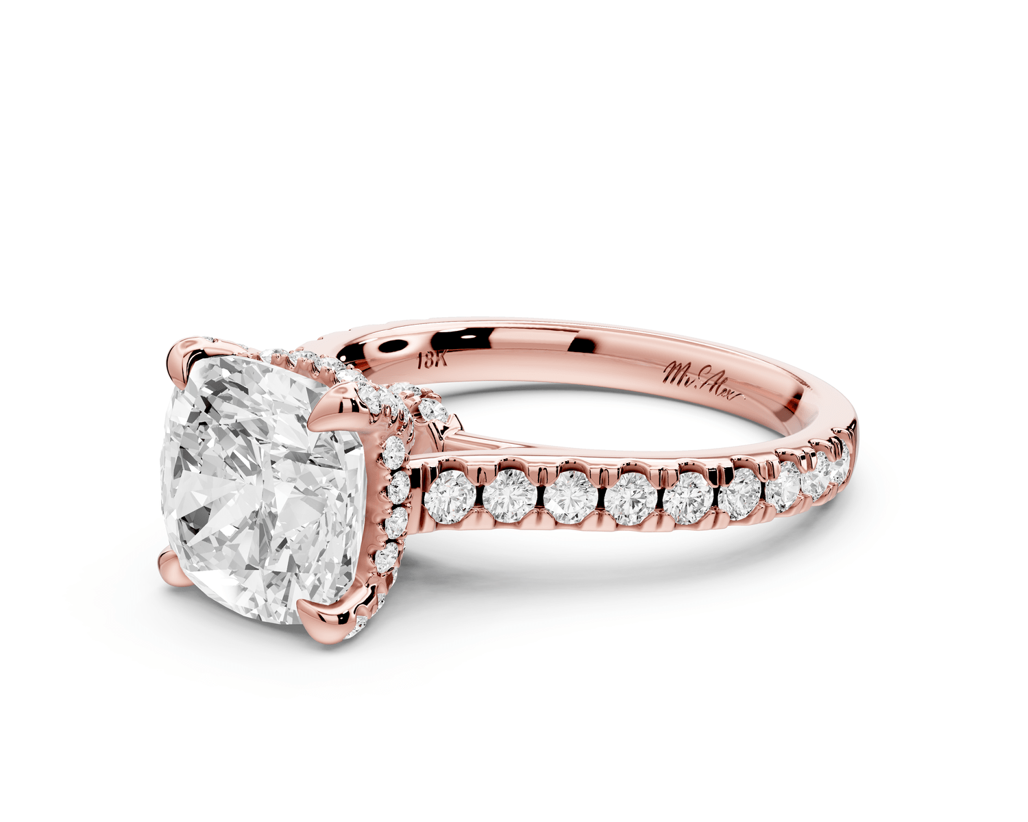 Odette - 3ct 14k rose gold cushion Diamond Engagement Ring with Pavé Band & Hidden Halo - Mr. Alex Jewelry