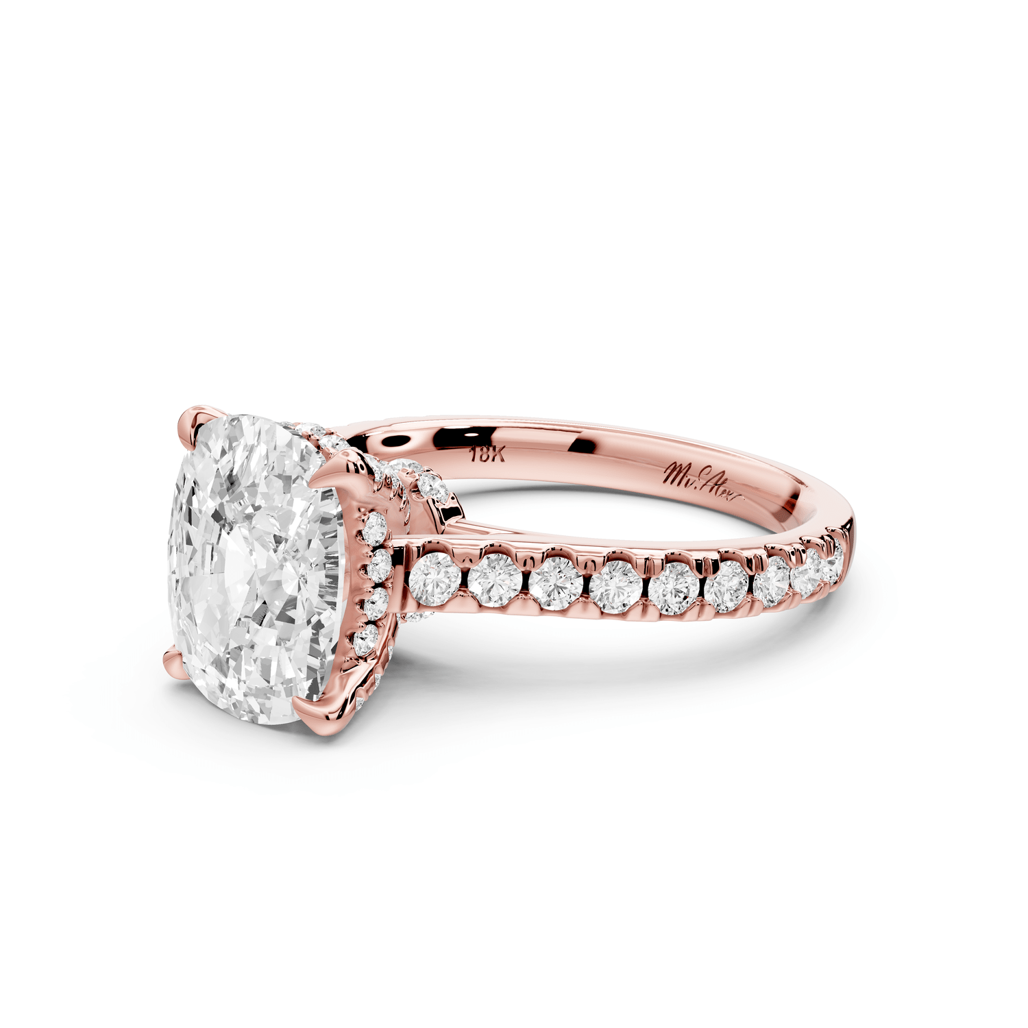 Odette - 3ct 14k rose gold ecushion Diamond Engagement Ring with Pavé Band & Hidden Halo - Mr. Alex Jewelry